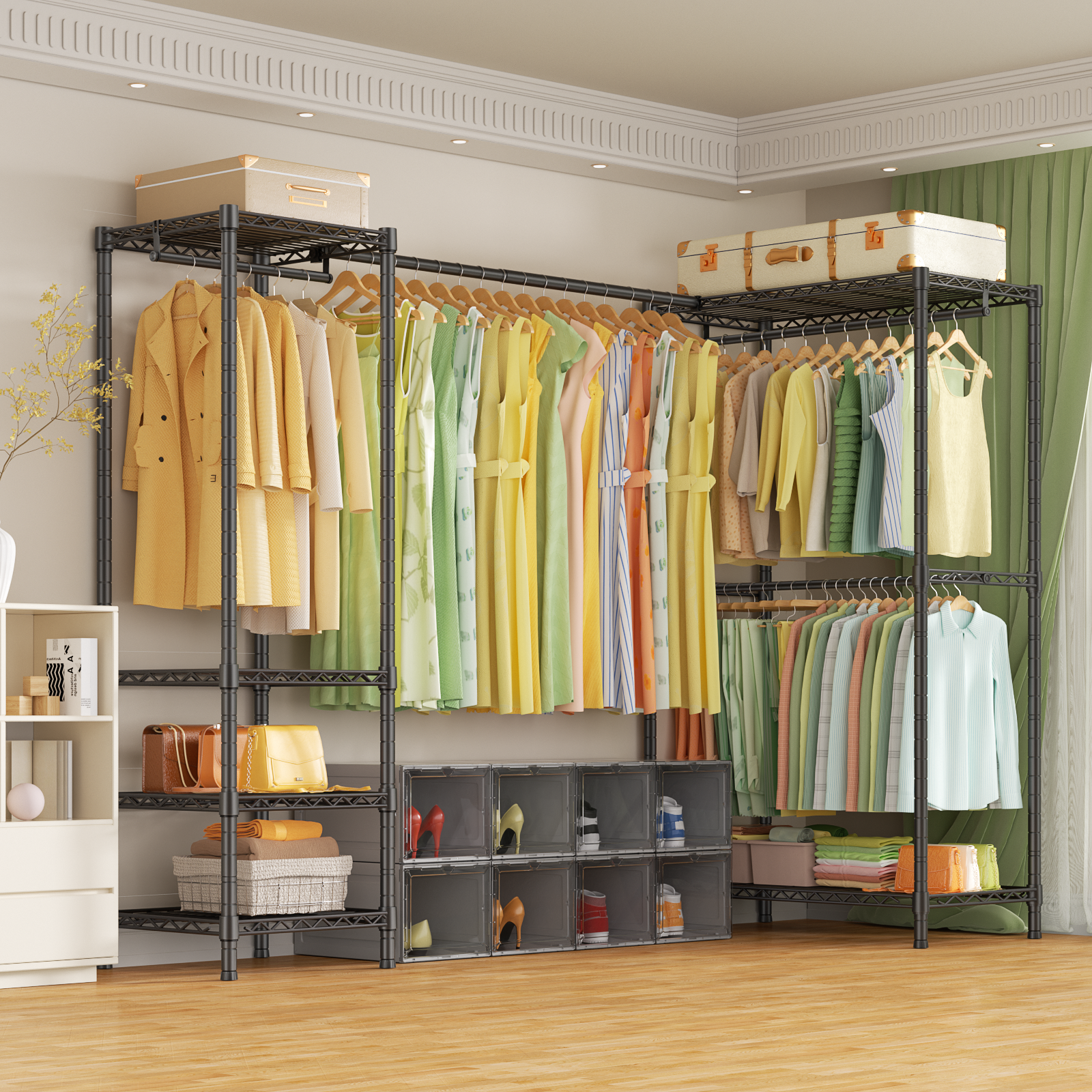 E10L L-Shaped Clothes Rack for Corner（With Expandable Hanger Rod）Heavy Duty Freestanding Clothing Racks for Hanging Clothes，Portable Garment Rack