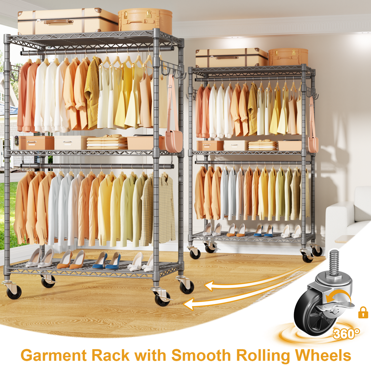 P1 Single Column Rolling Garment Rack (Grey), 35.4"W, 450LBS Load & Rust-Proof Coating