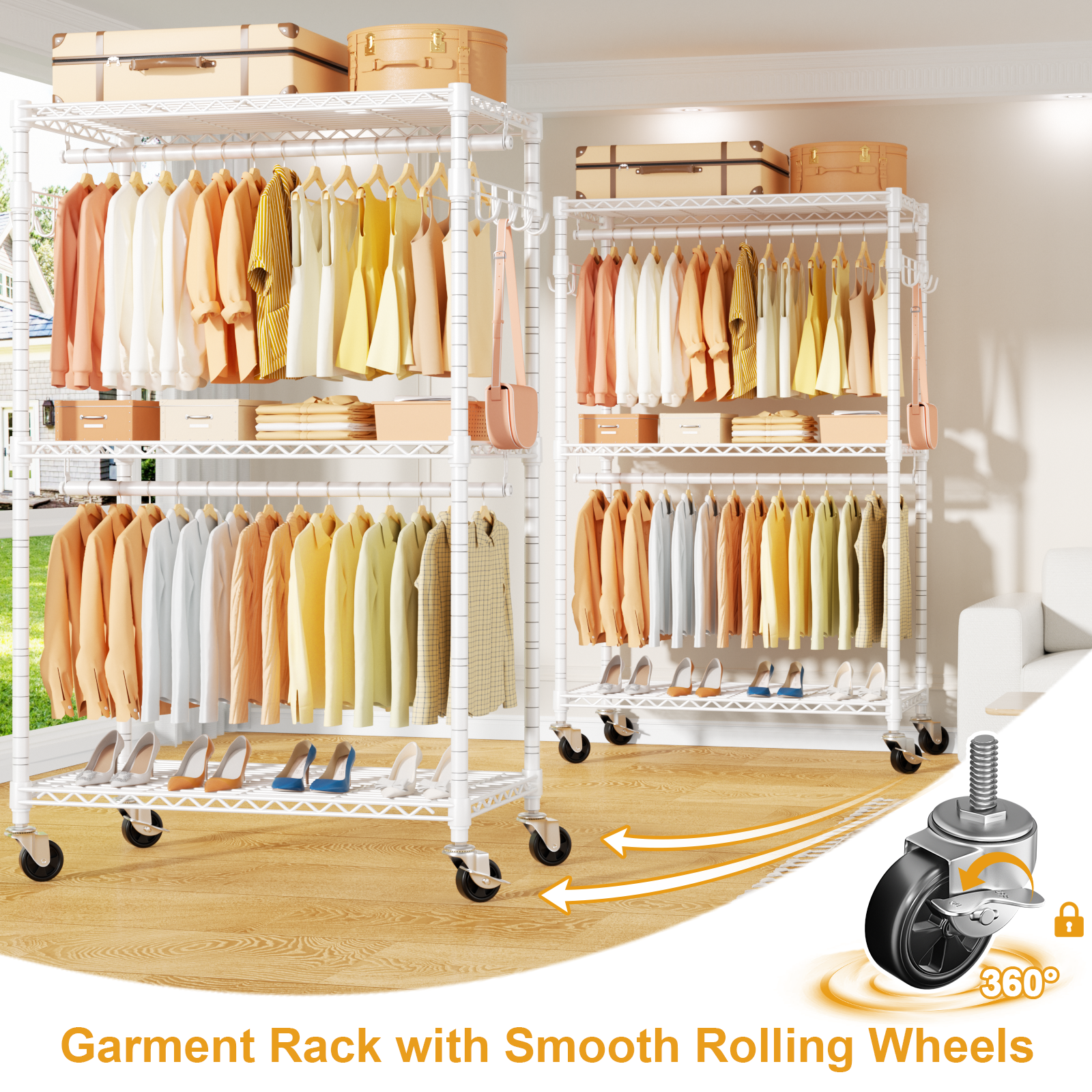 P1 35.4"W Single Column Garment Rack with Lockable Wheels, 500LBS Capacity & 3 Adjustable Wire Shelves