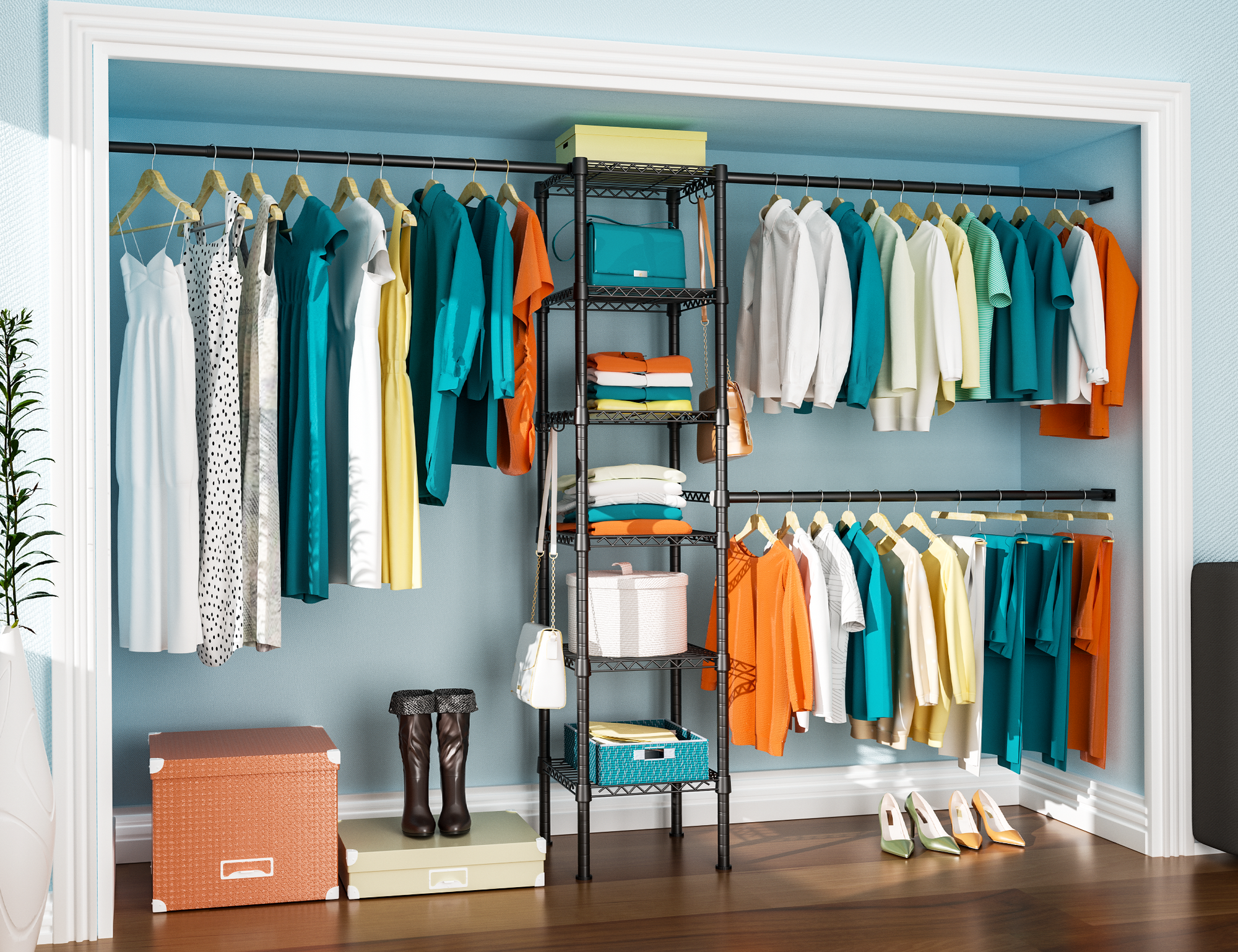 M1 Wall-Mounted Garment Rack (Black), 5.4-8.7ft Width, 700LBS Load & 3 Extendable Hanger Rods