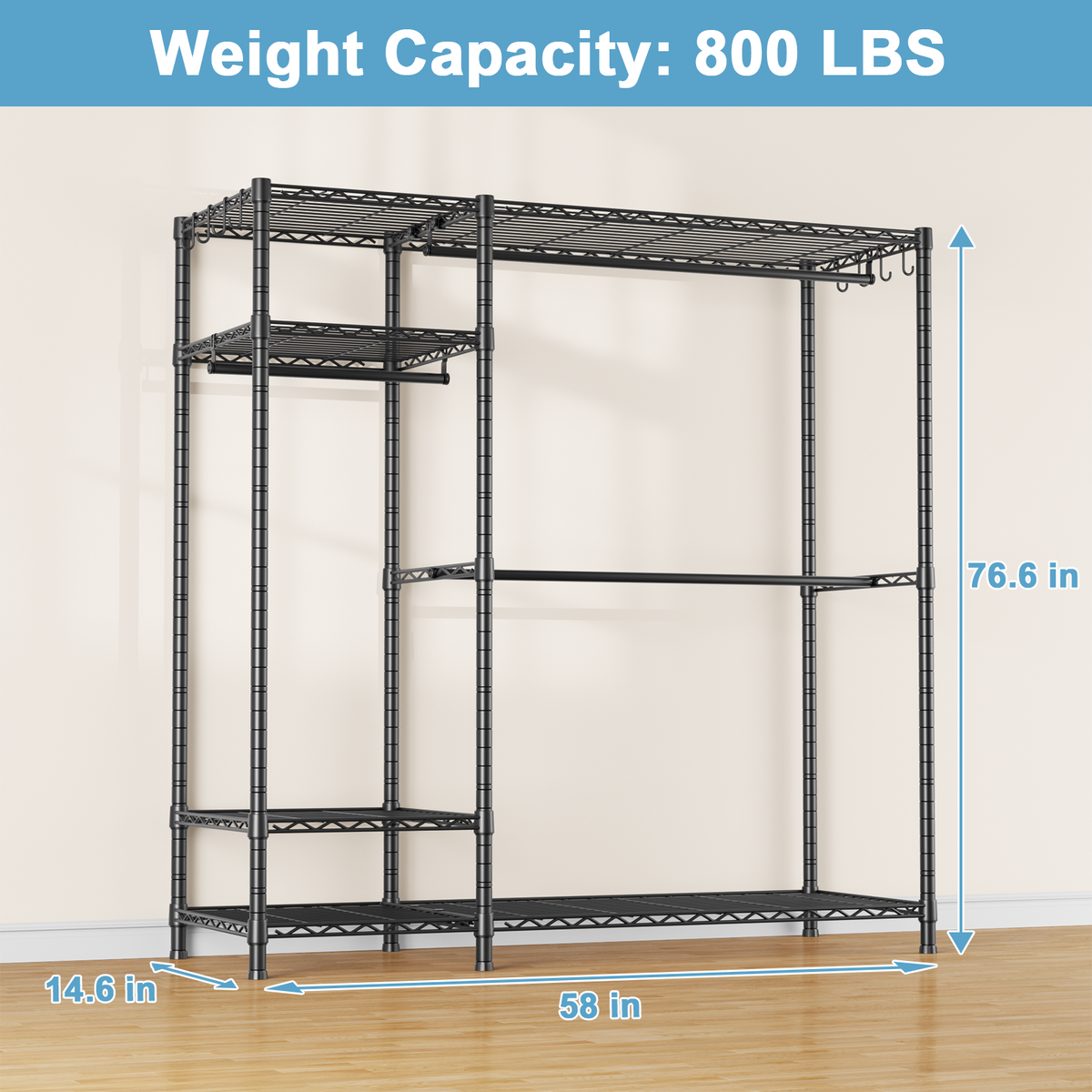 F7 Double Column Garment Rack, Heavy Duty Clothing Rack with 6-Tier Shelves