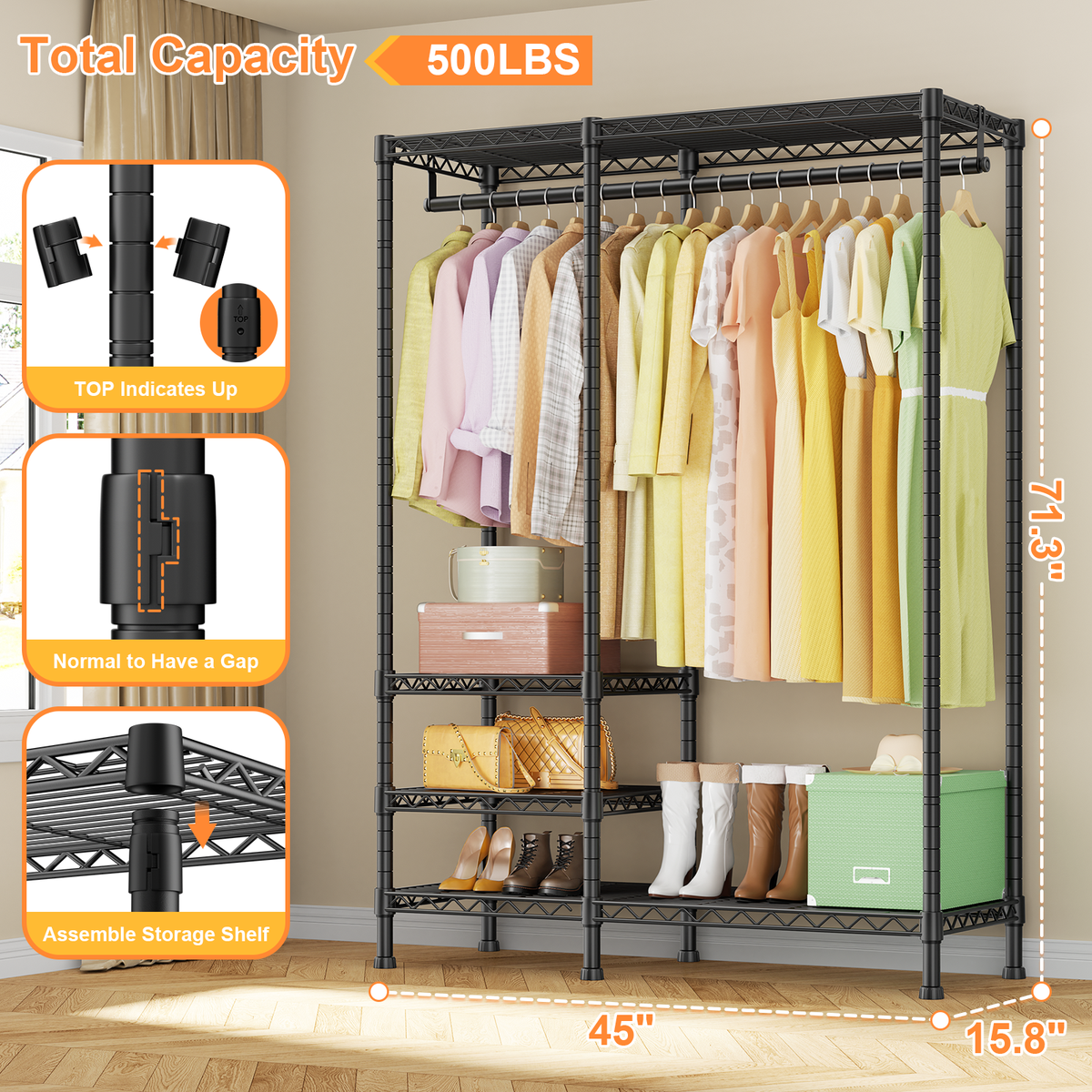 F4 Double Column Garment Rack (Black), 500LBS Load, 4-Tier Shelves & 1 Hanger Rod with Side Hooks