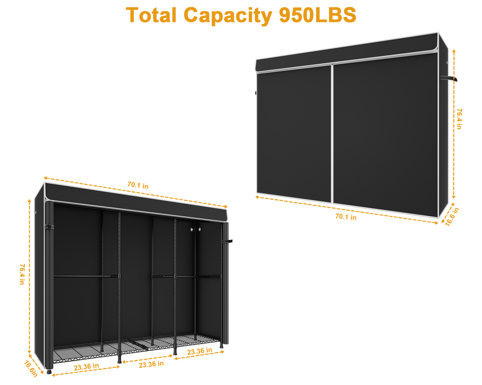 E14C Heavy Duty Closet Organizer System, Adjustable Garment Rack 70.1" W × 16.6" D × 76.4" H Hold 960 lbs, Black Rack with Black Dustproof Cover