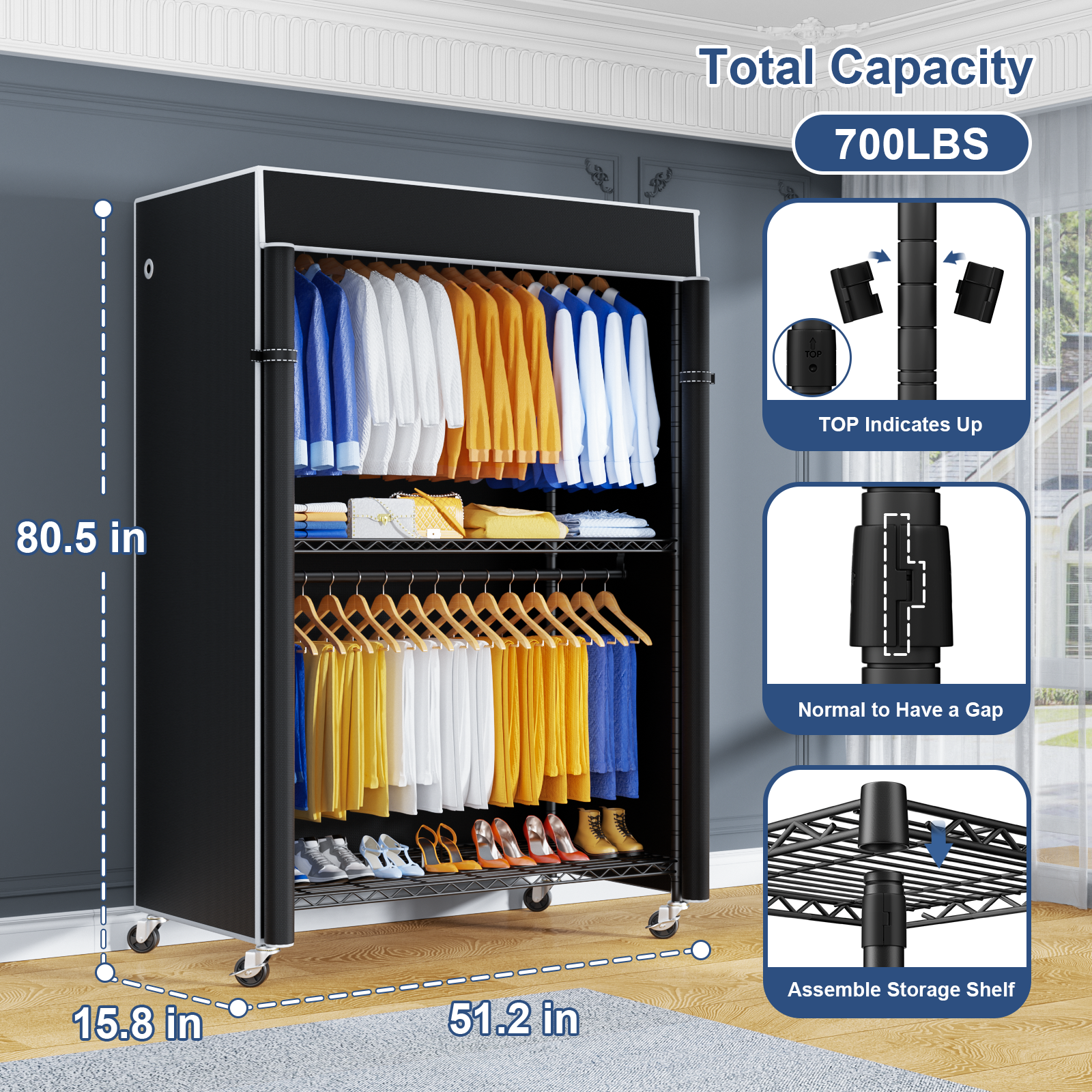 P8C Heavy Duty Clothes Rack（With Extended Width Design） Rolling Clothing Racks for Hanging Clothes with Lockable Wheels，51.2"W x 15.8"D x 80.5"H，Max Load 700LBS
