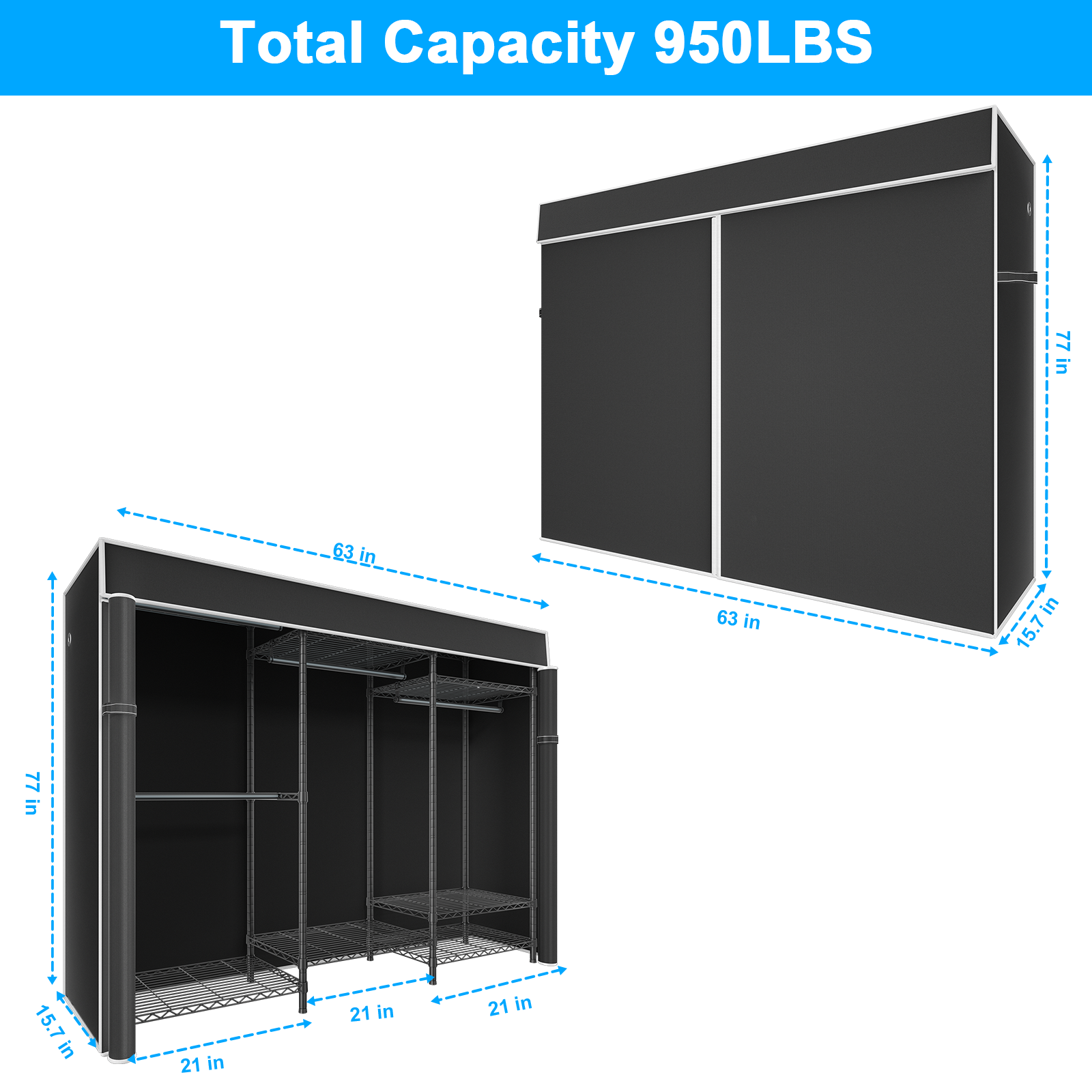 E13C Heavy Duty Closet Organizer System，Freestanding Clothing Racks for Hanging Clothes，Adjustable Garment Rack 63" W x 16" D x 77" H Hold 960 lbs