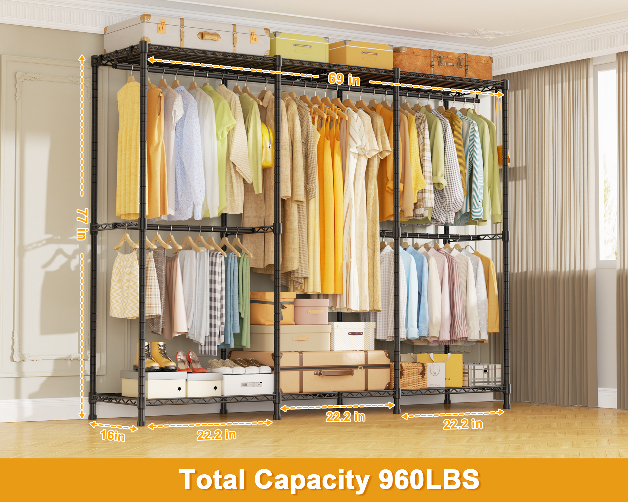 E14 Pro Heavy Duty Clothes Rack，Freestanding Clothing Racks for Hanging Clothes，Adjustable Closet Organizers and Storage，Metal Garment Rack with Shelves