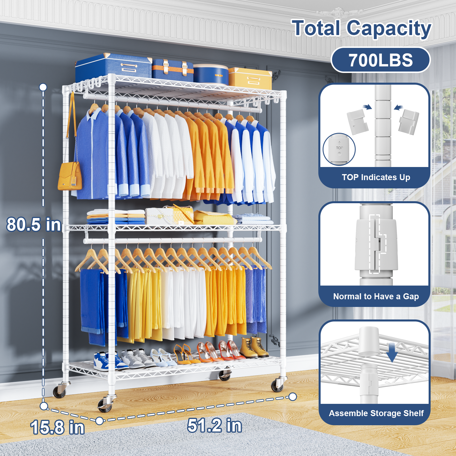 P8 51.2" Extended Single Column Garment Rack (White), 700LBS Load & 3 Adjustable Shelves