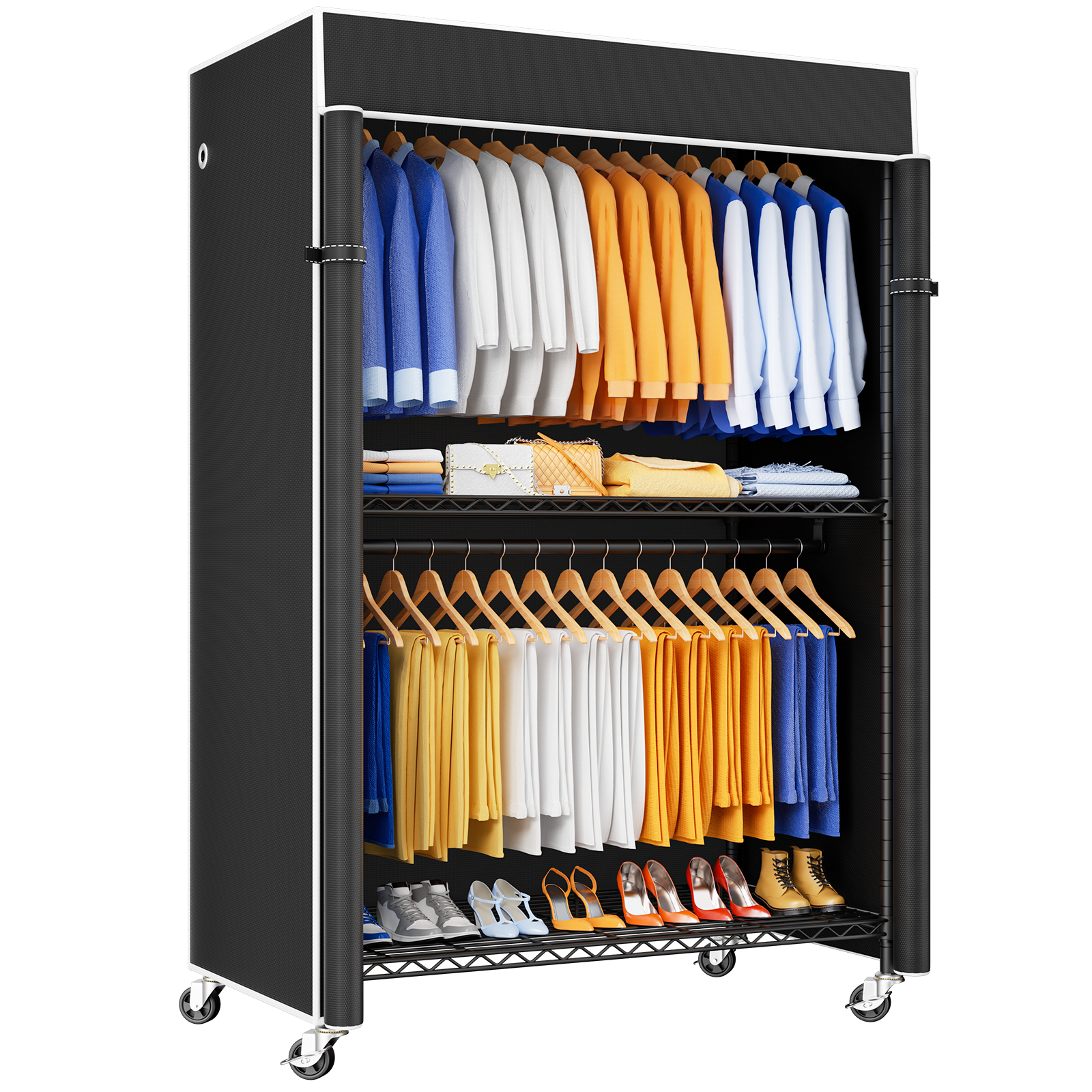 P8C Heavy Duty Clothes Rack（With Extended Width Design） Rolling Clothing Racks for Hanging Clothes with Lockable Wheels，51.2"W x 15.8"D x 80.5"H，Max Load 700LBS