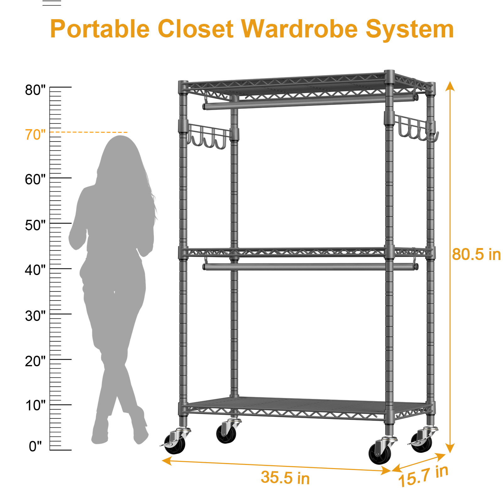 P1 Single Column Rolling Garment Rack (Grey), 35.4"W, 450LBS Load & Rust-Proof Coating