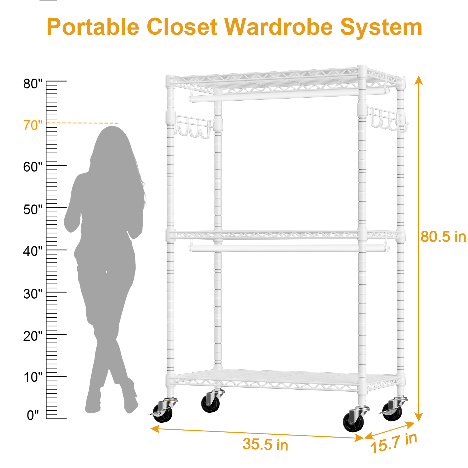 P1 35.4"W Single Column Garment Rack with Lockable Wheels, 500LBS Capacity & 3 Adjustable Wire Shelves