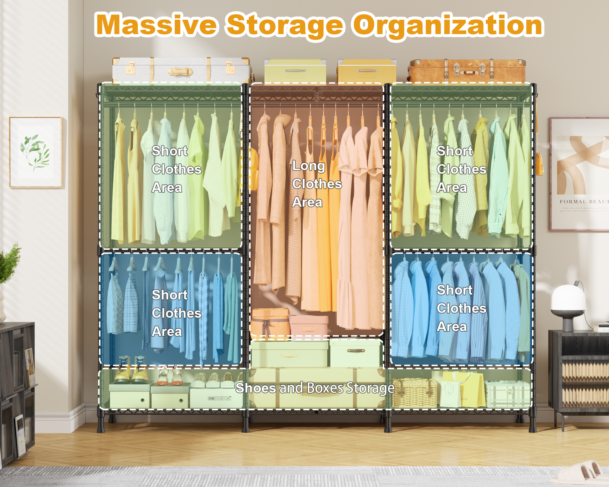 E14 Pro Heavy Duty Clothes Rack，Freestanding Clothing Racks for Hanging Clothes，Adjustable Closet Organizers and Storage，Metal Garment Rack with Shelves