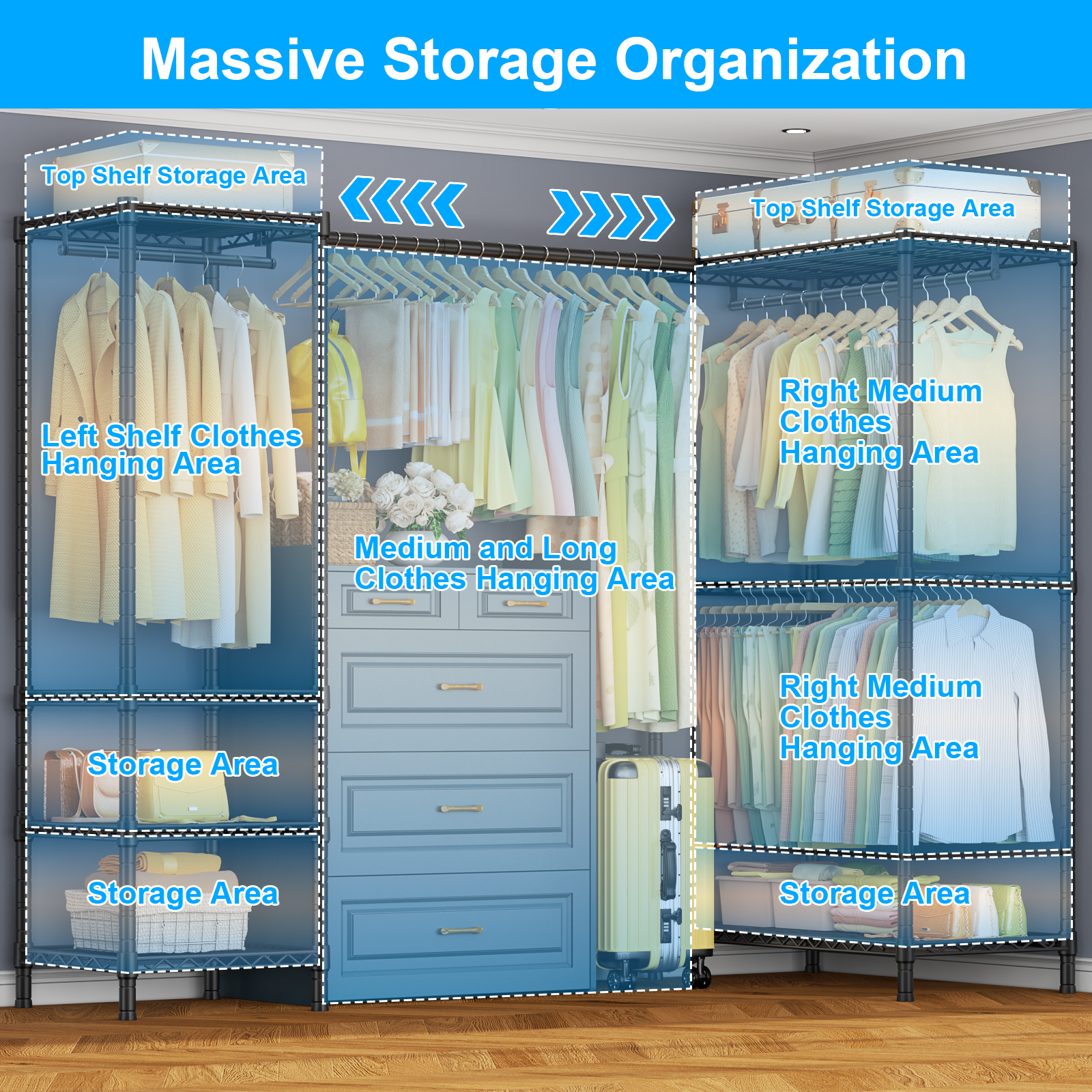 E10L L-Shaped Clothes Rack for Corner（With Expandable Hanger Rod）Heavy Duty Freestanding Clothing Racks for Hanging Clothes，Portable Garment Rack