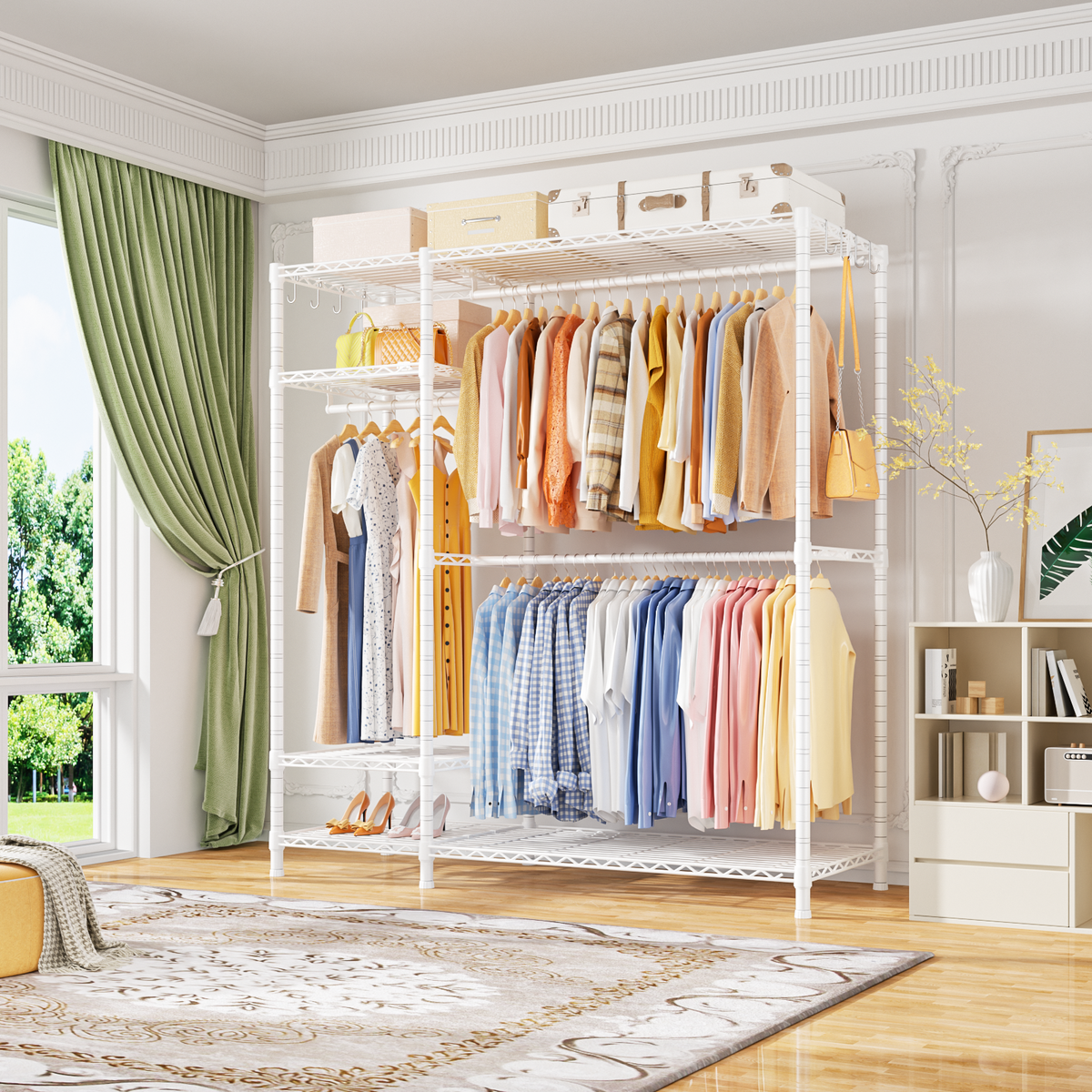 F7 Double Column Garment Rack (Black), 58"W x 14.6"D x 76.6"H, 800LBS Load & 6-Tier Shelves