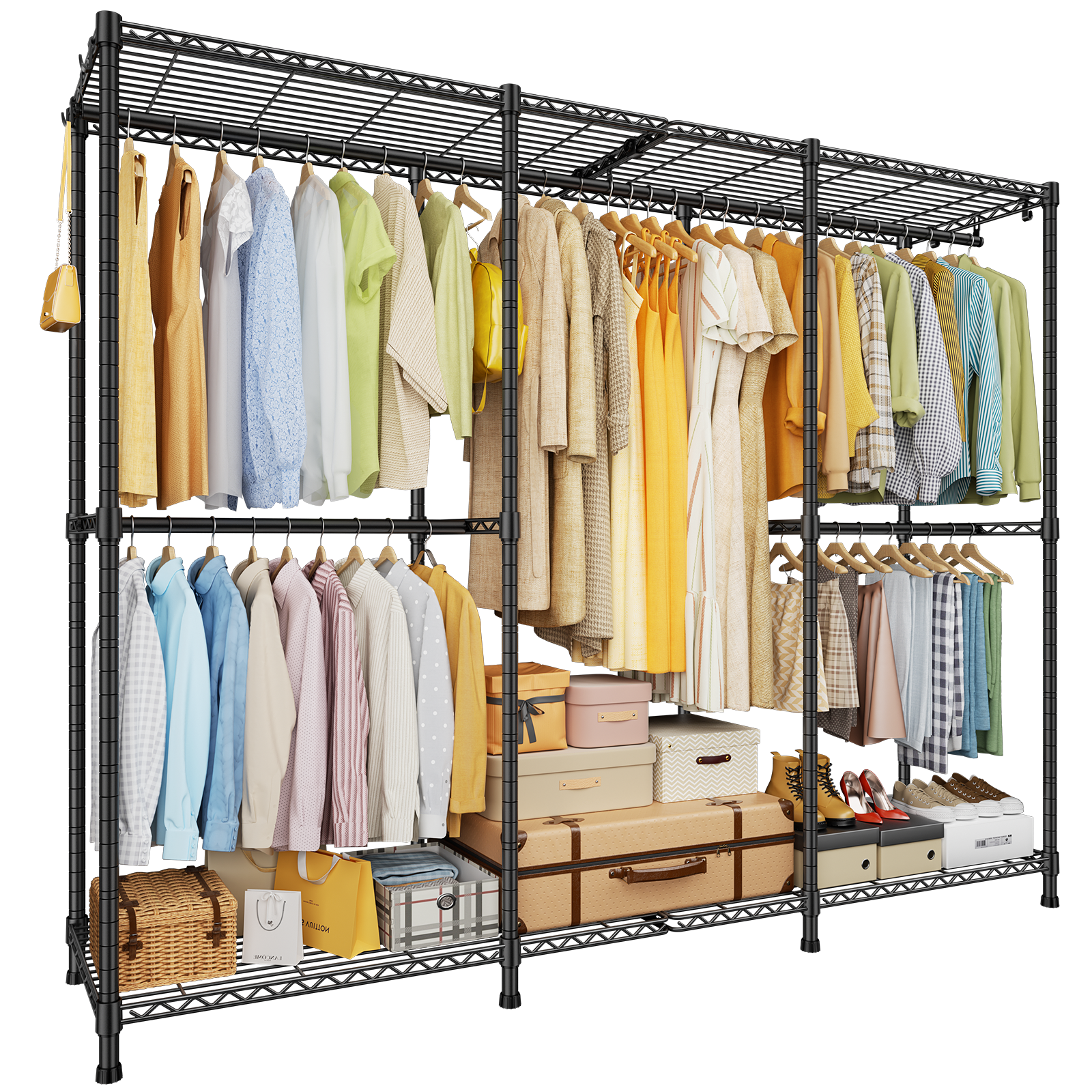 E14 Pro Heavy Duty Clothes Rack，Freestanding Clothing Racks for Hanging Clothes，Adjustable Closet Organizers and Storage，Metal Garment Rack with Shelves
