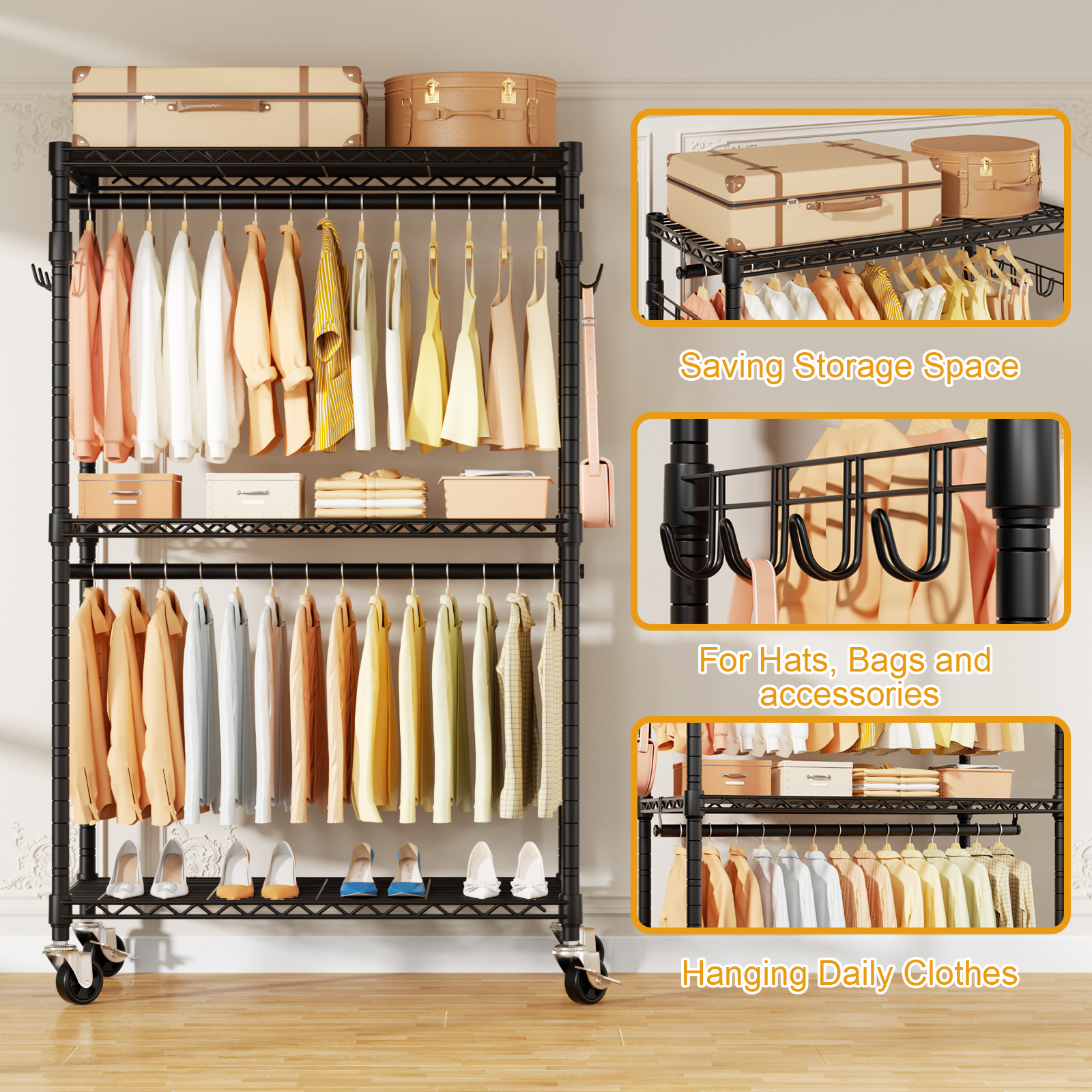 P1 Single Column Rolling Garment Rack (Grey), 35.4"W, 450LBS Load & Rust-Proof Coating