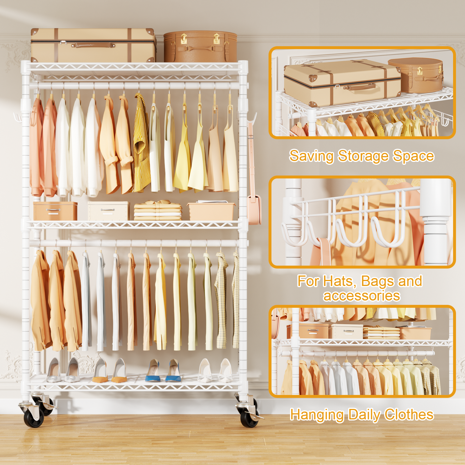 P1 35.4"W Single Column Garment Rack with Lockable Wheels, 500LBS Capacity & 3 Adjustable Wire Shelves