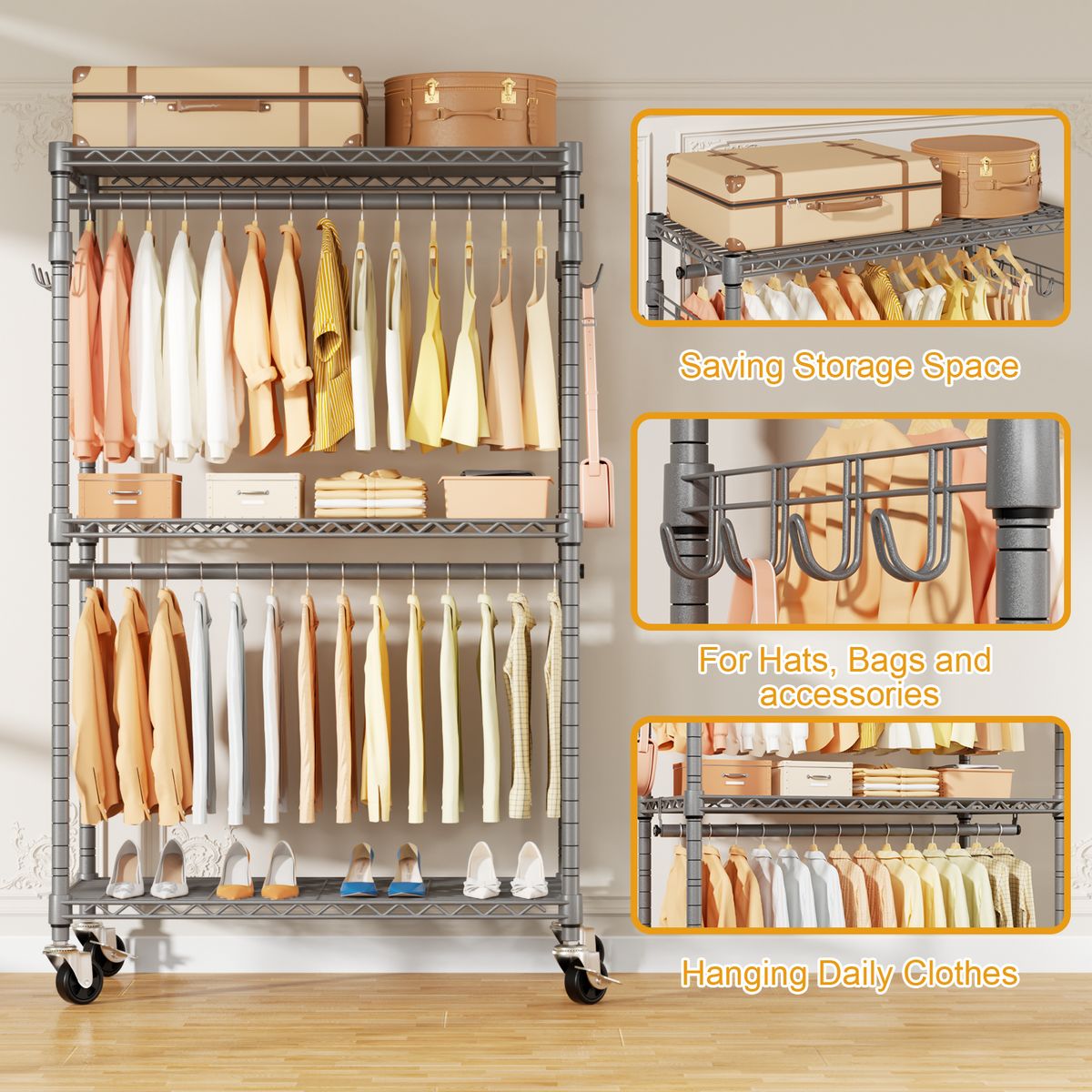 P1 Single Column Rolling Garment Rack (Grey), 35.4"W, 450LBS Load & Rust-Proof Coating