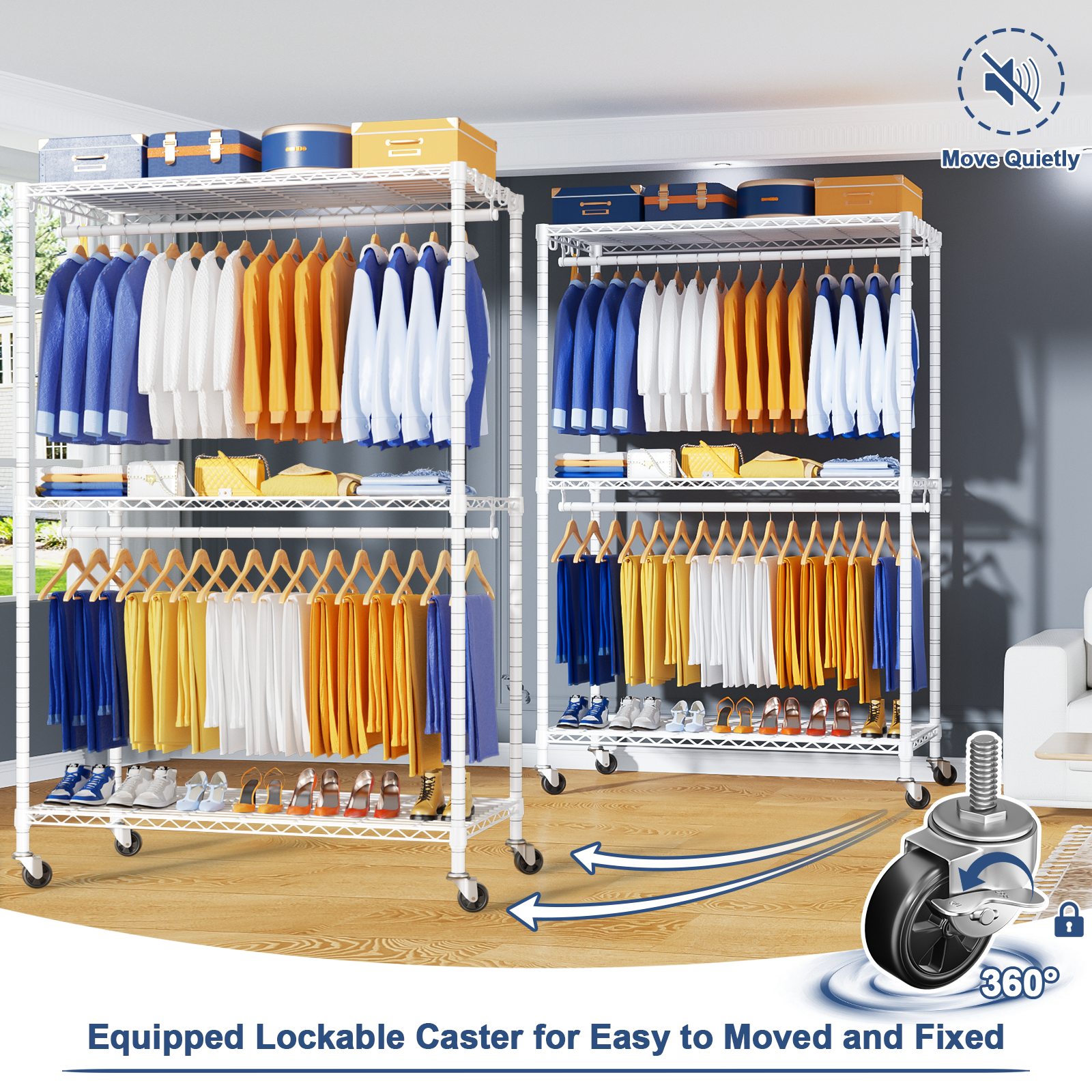 P8 51.2" Extended Single Column Garment Rack (White), 700LBS Load & 3 Adjustable Shelves
