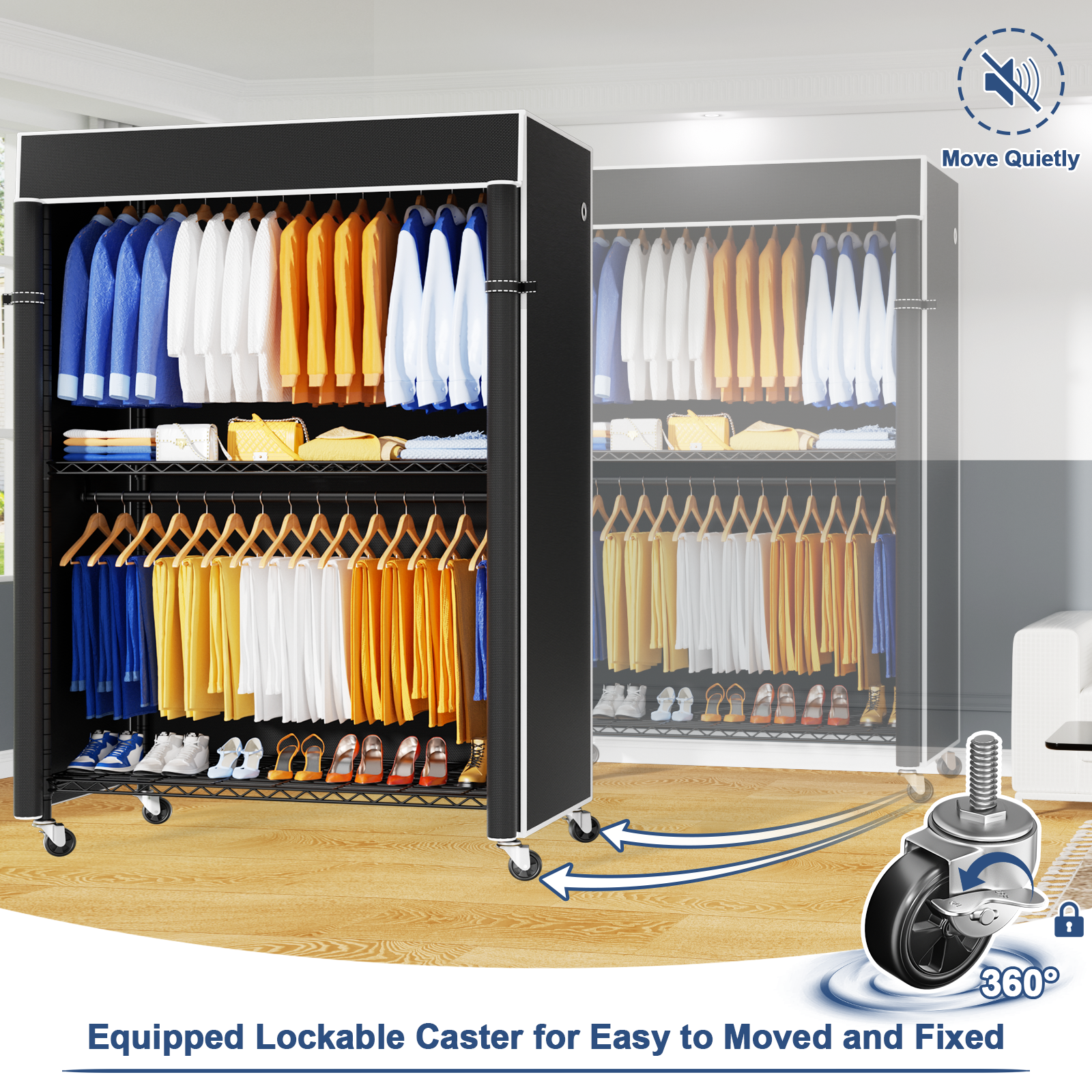 P8C Heavy Duty Clothes Rack（With Extended Width Design） Rolling Clothing Racks for Hanging Clothes with Lockable Wheels，51.2"W x 15.8"D x 80.5"H，Max Load 700LBS