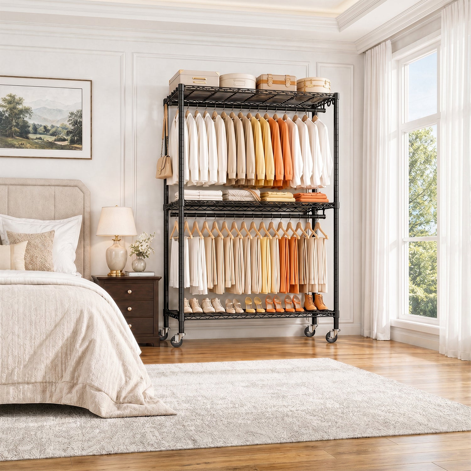 An open ULIF storage rack arranged in a bedroom