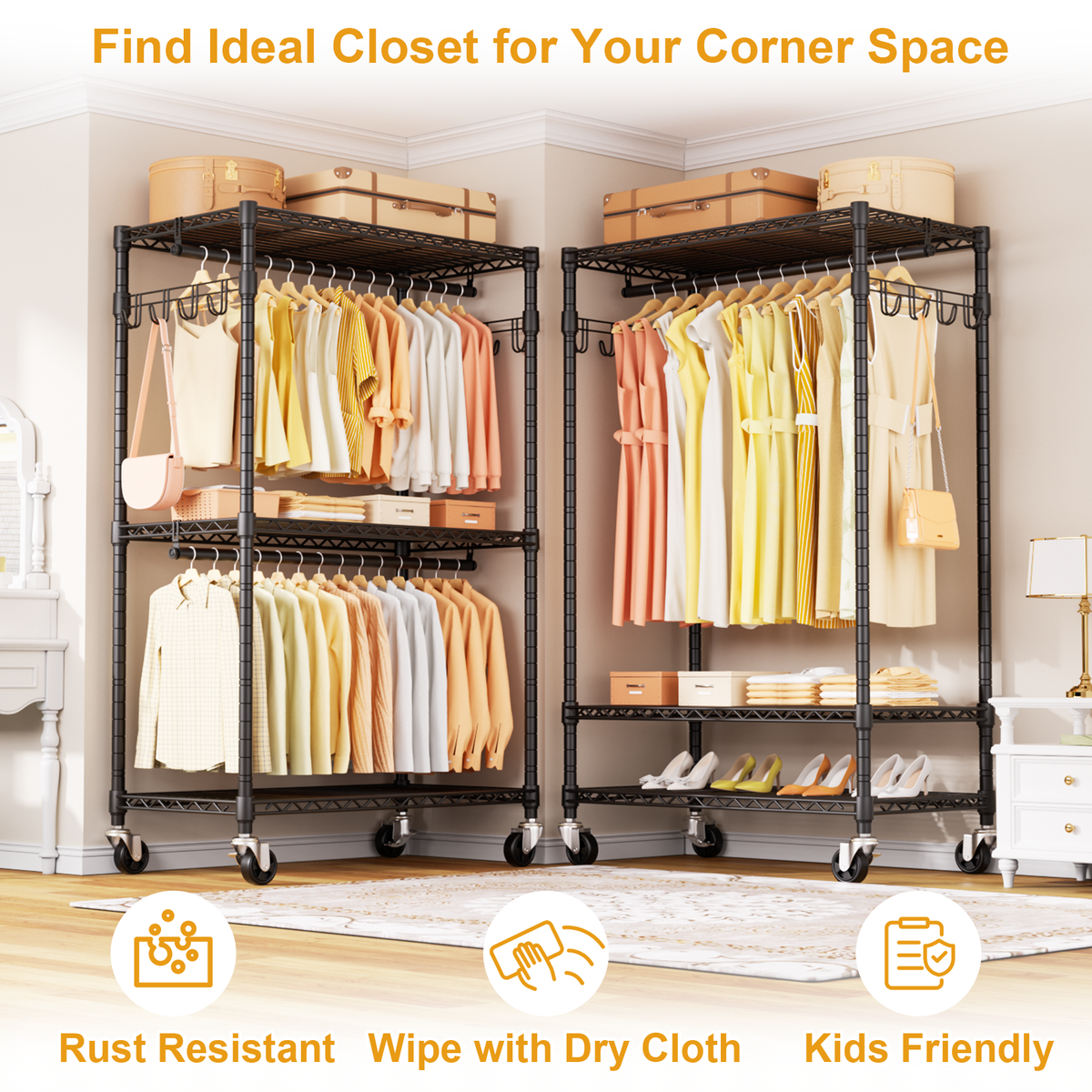 P1 Single Column Rolling Garment Rack (Grey), 35.4"W, 450LBS Load & Rust-Proof Coating