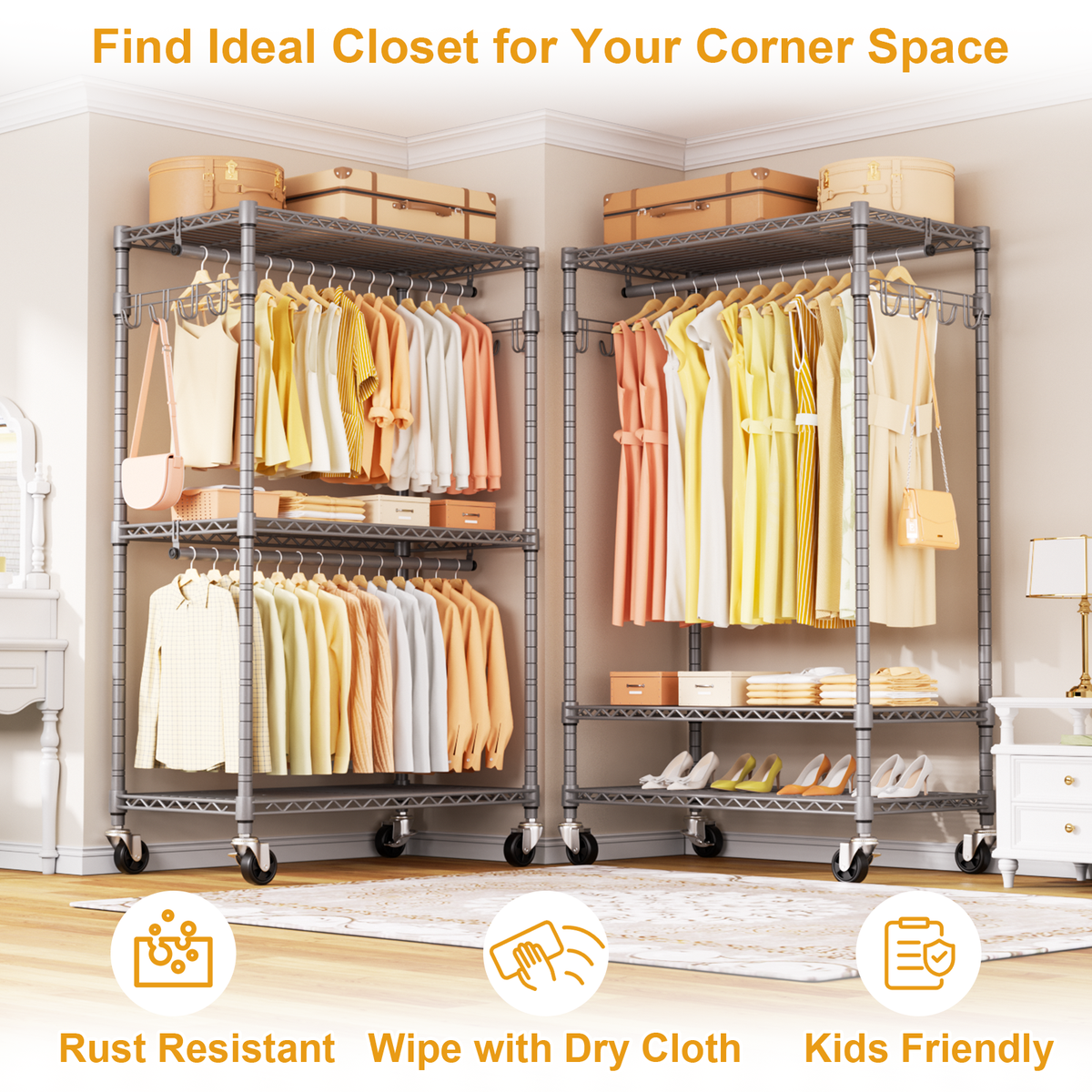 P1 Single Column Rolling Garment Rack (Grey), 35.4"W, 450LBS Load & Rust-Proof Coating