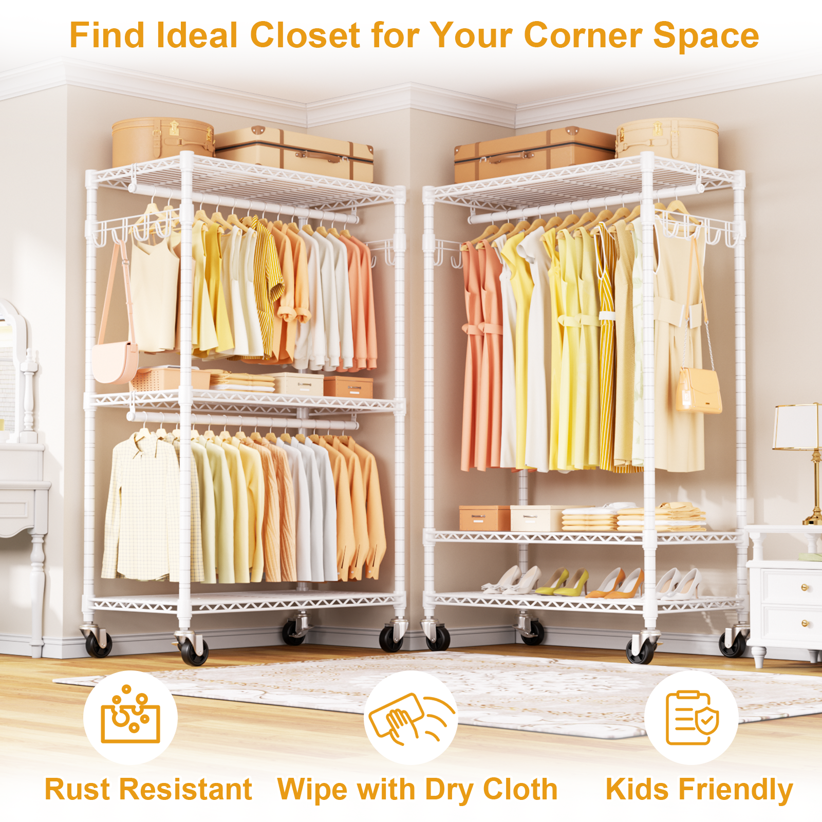 P1 35.4"W Single Column Garment Rack with Lockable Wheels, 500LBS Capacity & 3 Adjustable Wire Shelves