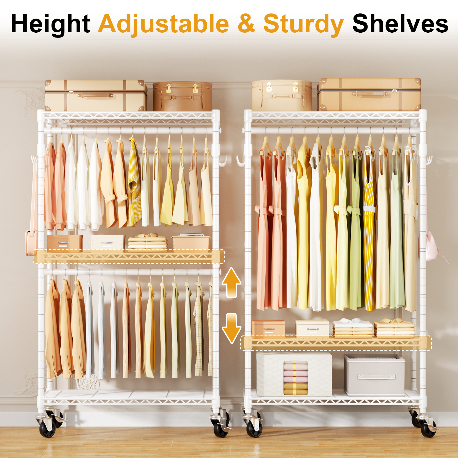 P1 35.4"W Single Column Garment Rack with Lockable Wheels, 500LBS Capacity & 3 Adjustable Wire Shelves