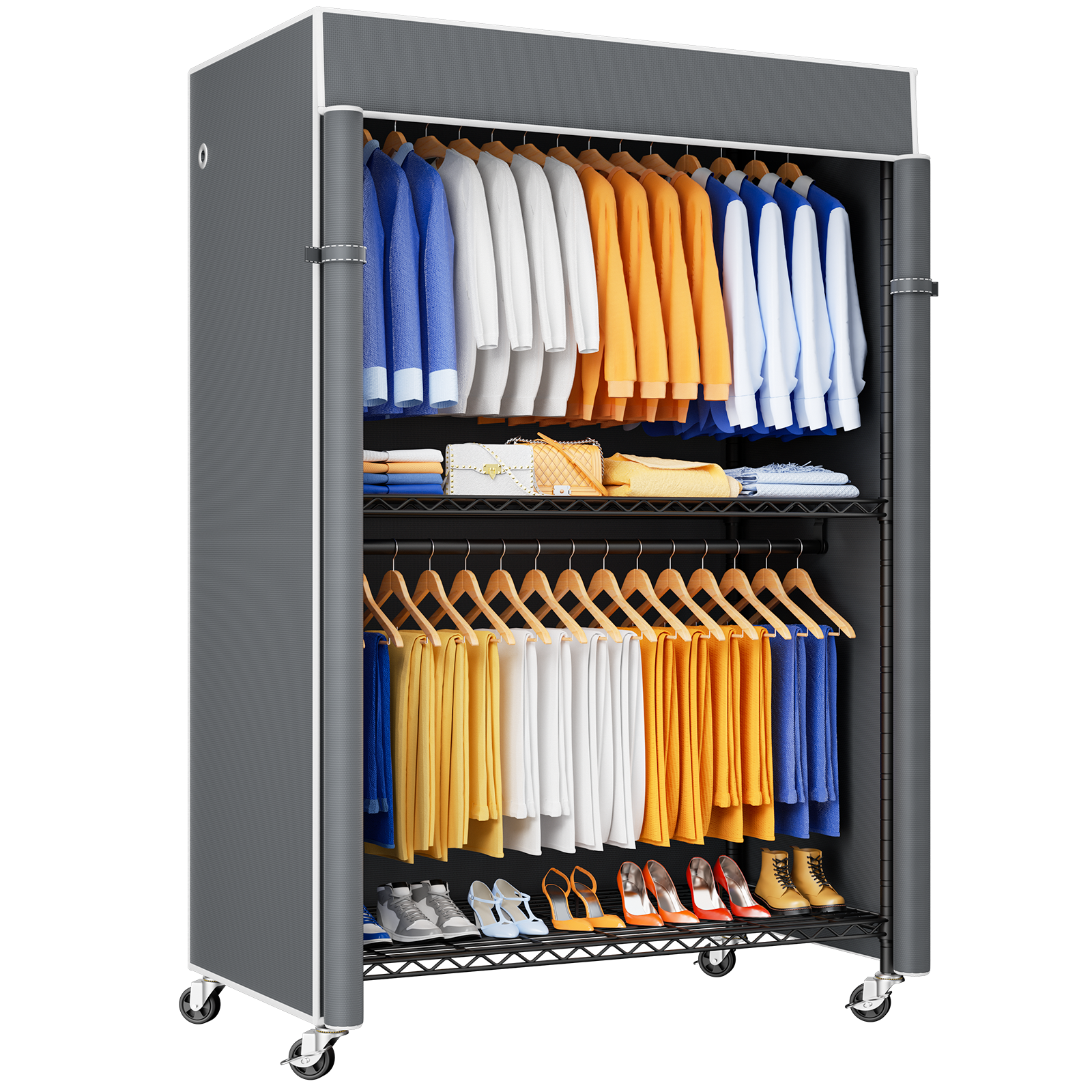 P8C Heavy Duty Clothes Rack（With Extended Width Design） Rolling Clothing Racks for Hanging Clothes with Lockable Wheels，51.2"W x 15.8"D x 80.5"H，Max Load 700LBS