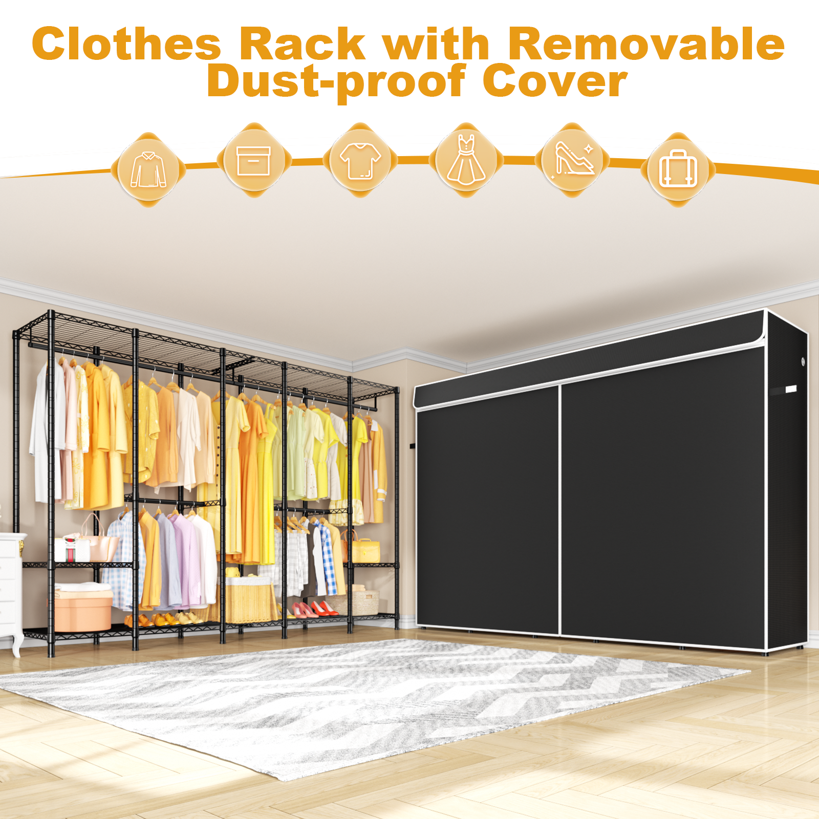 H50C Extra Large Clothes Rack with Cover,89.8" Wide, 1400LBS Load & Long Garment Storage