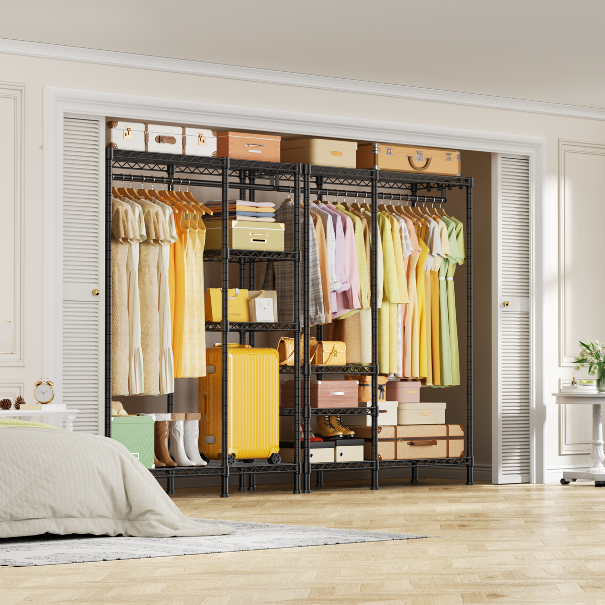 F4 Double Column Garment Rack (Black), 500LBS Load, 4-Tier Shelves & 1 Hanger Rod with Side Hooks