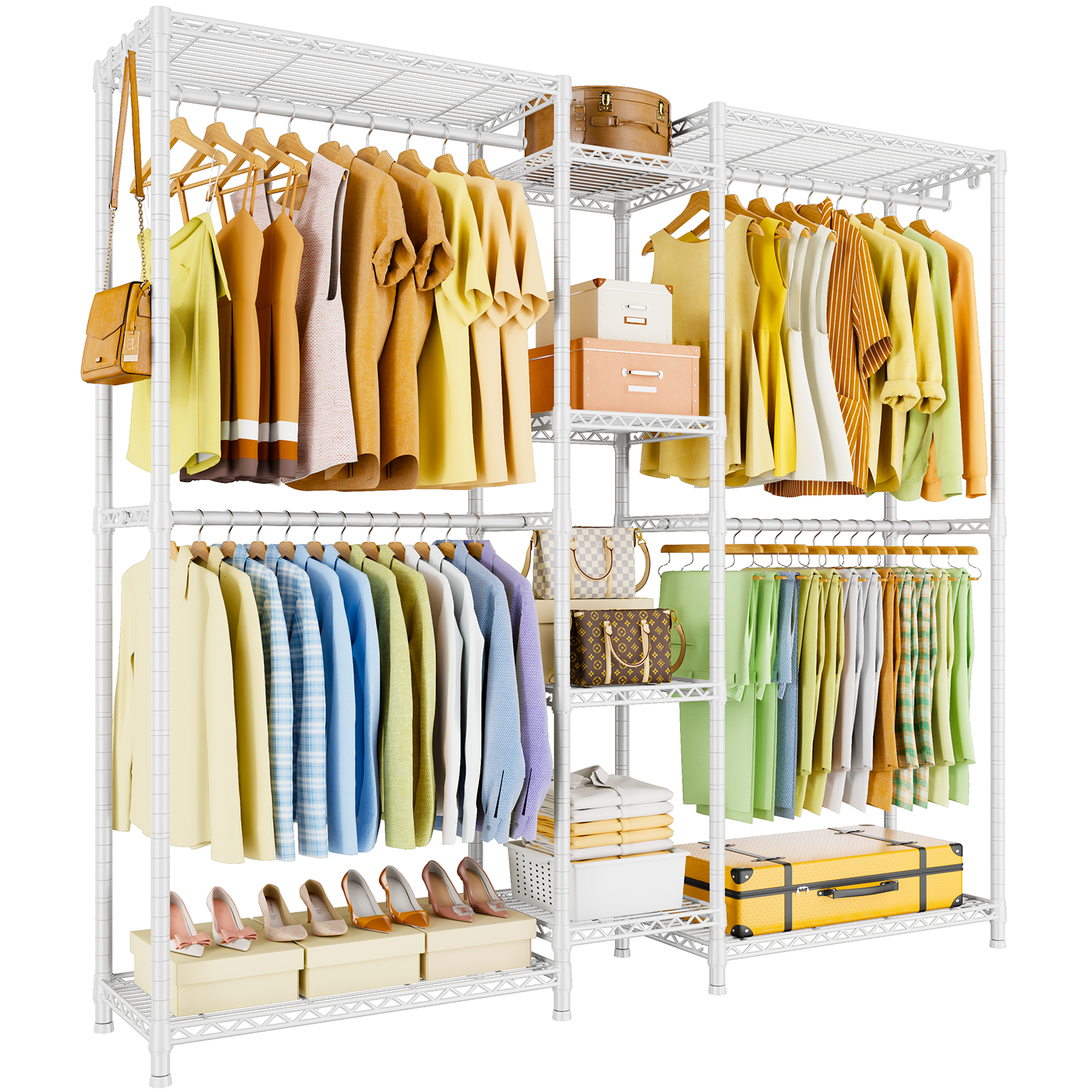 E4 71.6"W L-Shaped Triple Column Garment Rack (Black), 962LBS Load & 8-Tier Adjustable Shelves
