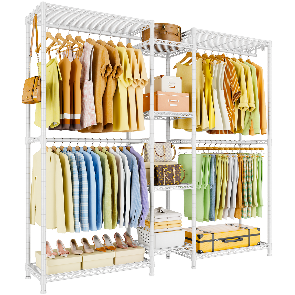 E4 71.6"W L-Shaped Triple Column Garment Rack (Black), 962LBS Load & 8-Tier Adjustable Shelves
