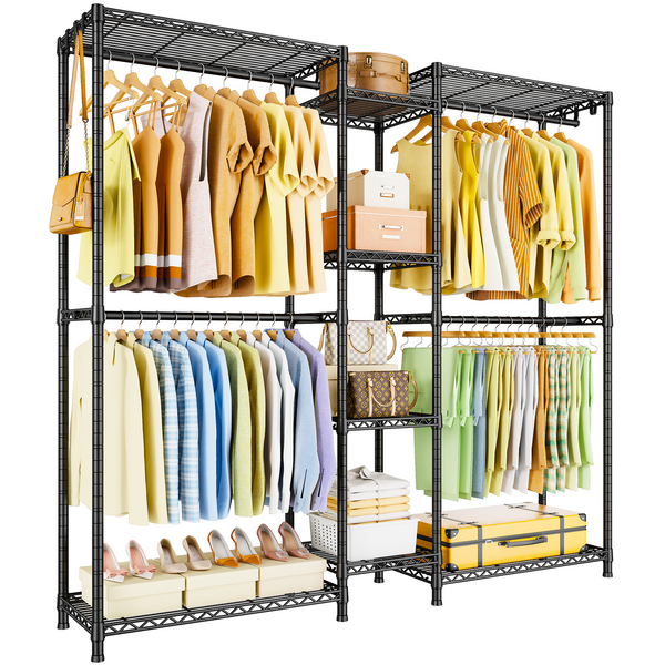 E4 71.6"W L-Shaped Triple Column Garment Rack (Black), 962LBS Load & 8-Tier Adjustable Shelves
