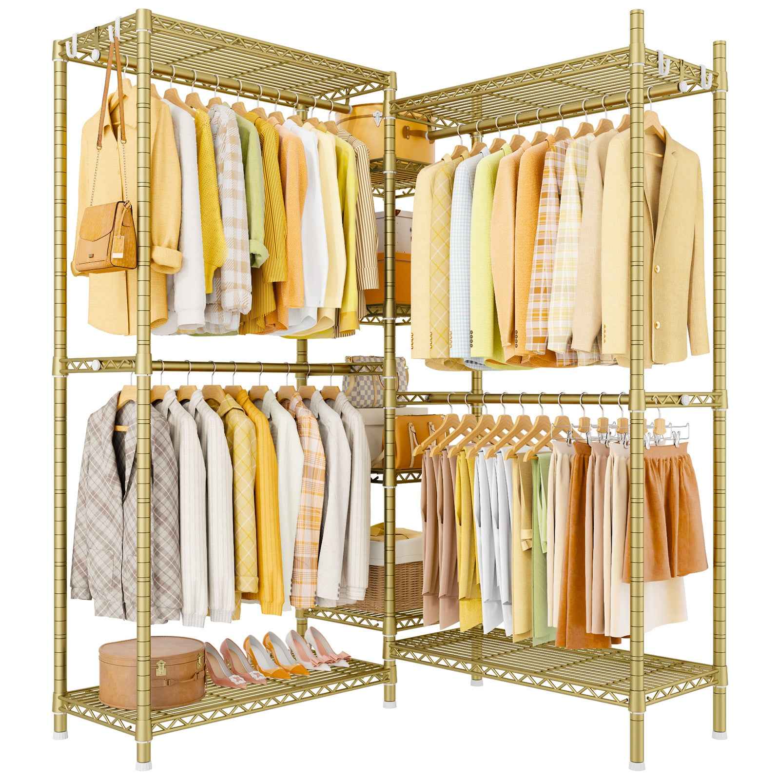Ulif E4L Corner Clothes Rack, L Shaped Garment Rack, Heavy-Duty Freestanding Closet System with Shelves and Hangers, Max Load 962lbs, 42.7" W x 42.7" D x 79.3" H, Gold
