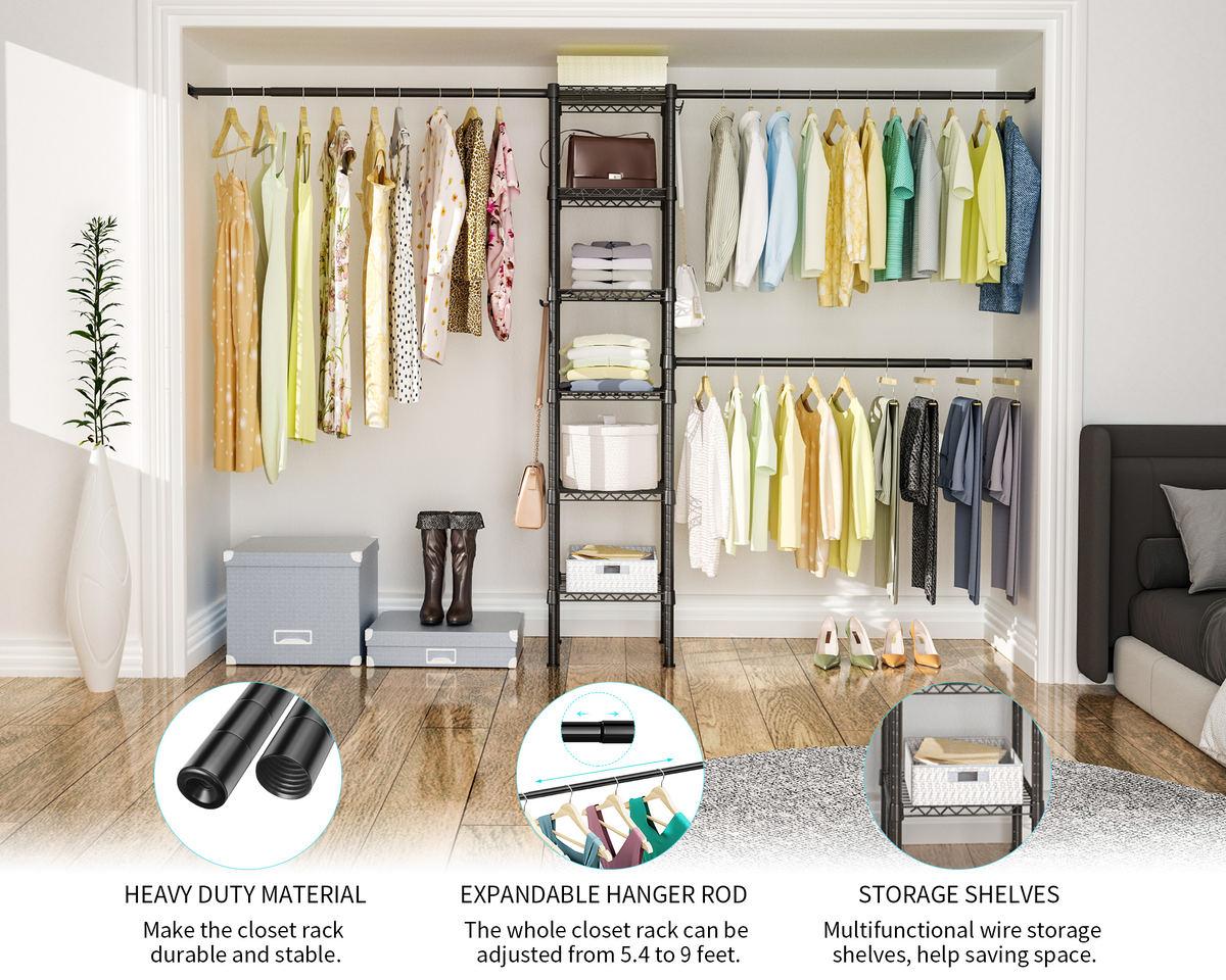 M1 Wall-Mounted Garment Rack (Black), 5.4-8.7ft Width, 700LBS Load & 3 Extendable Hanger Rods