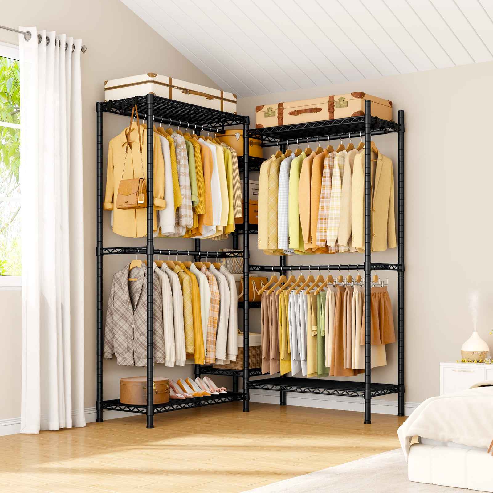 Ulif E4L Corner Clothes Rack, L Shaped Garment Rack, Heavy-Duty Freestanding Closet System with Shelves and Hangers, Max Load 962lbs, 42.7" W x 42.7" D x 79.3" H, Gold