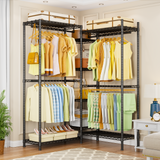E4 71.6"W L-Shaped Triple Column Garment Rack (Black), 962LBS Load & 8-Tier Adjustable Shelves