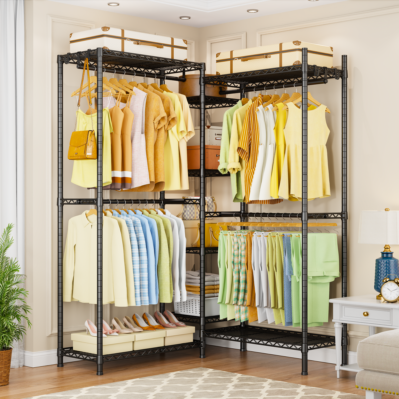 E4 71.6"W L-Shaped Triple Column Garment Rack (Black), 962LBS Load & 8-Tier Adjustable Shelves