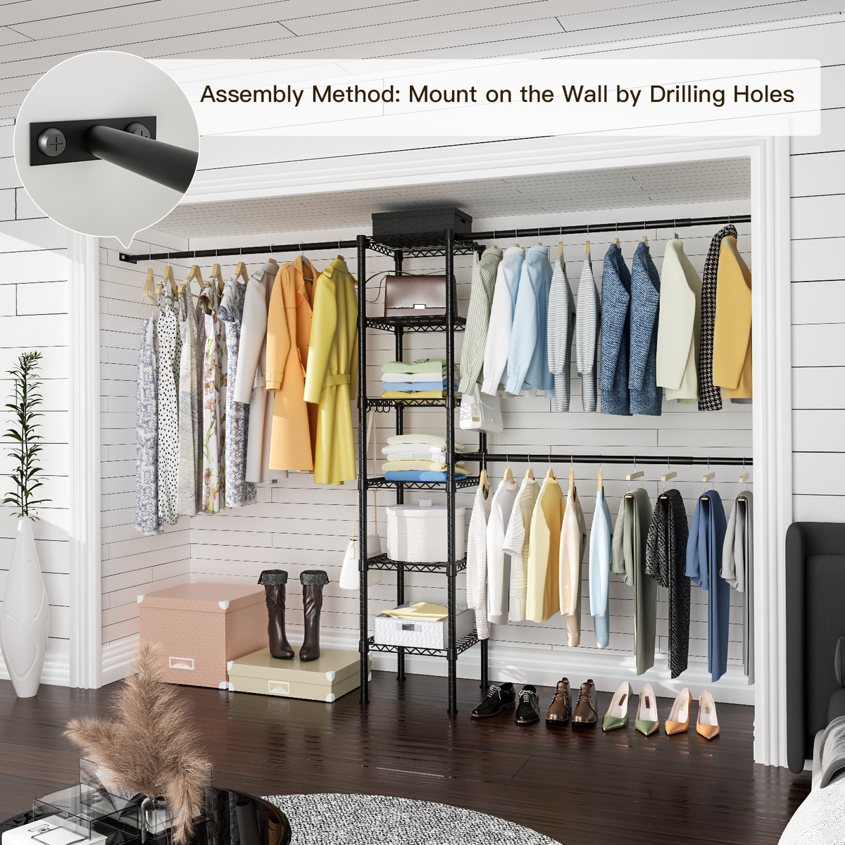 M1 Wall-Mounted Garment Rack (Black), 5.4-8.7ft Width, 700LBS Load & 3 Extendable Hanger Rods