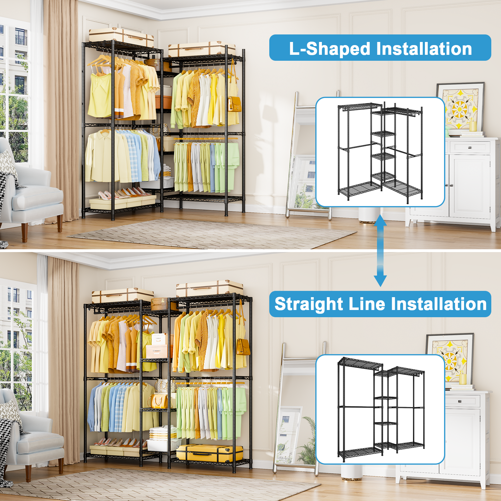 E4 71.6"W L-Shaped Triple Column Garment Rack (Black), 962LBS Load & 8-Tier Adjustable Shelves