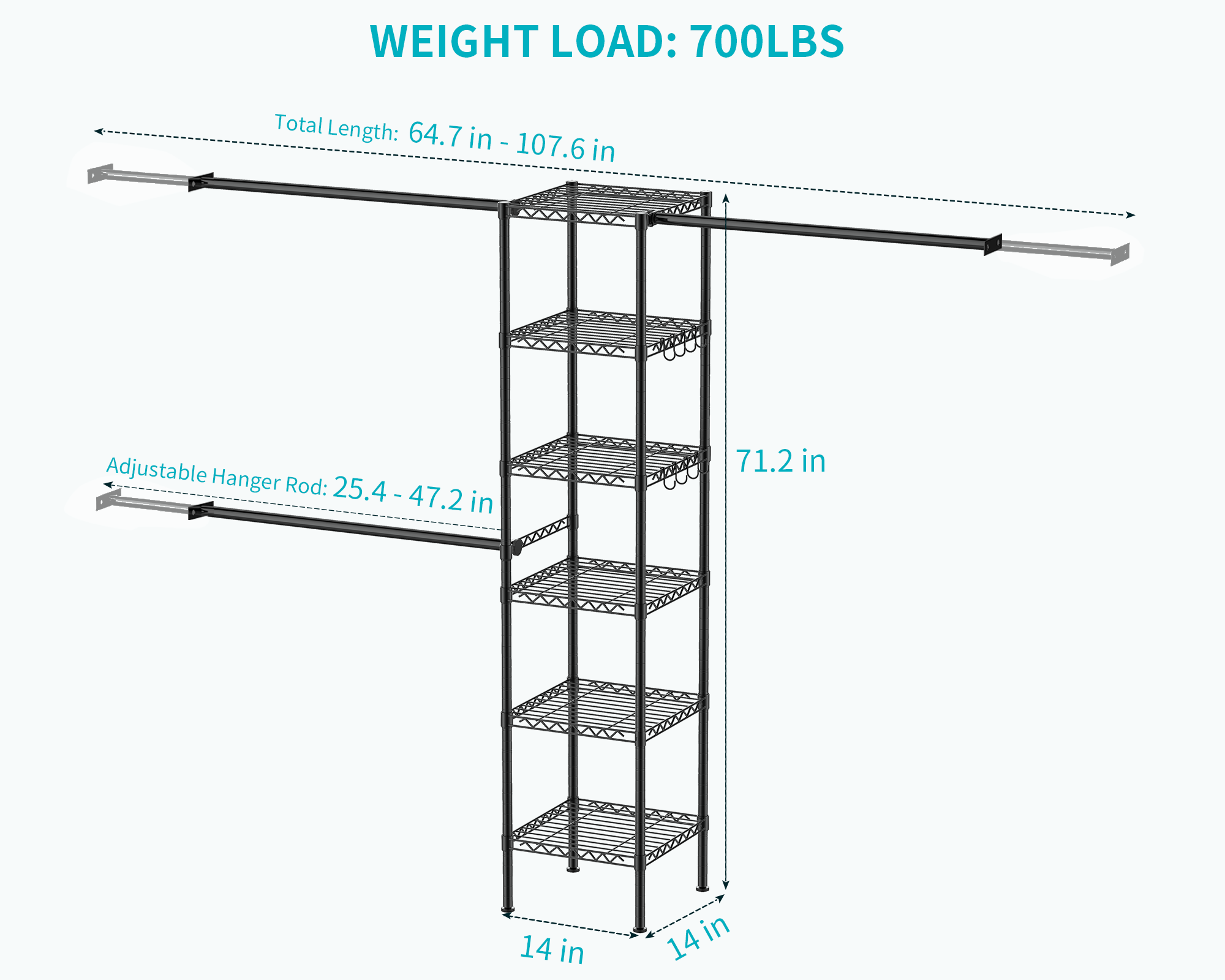 M1 Wall-Mounted Garment Rack (Black), 5.4-8.7ft Width, 700LBS Load & 3 Extendable Hanger Rods