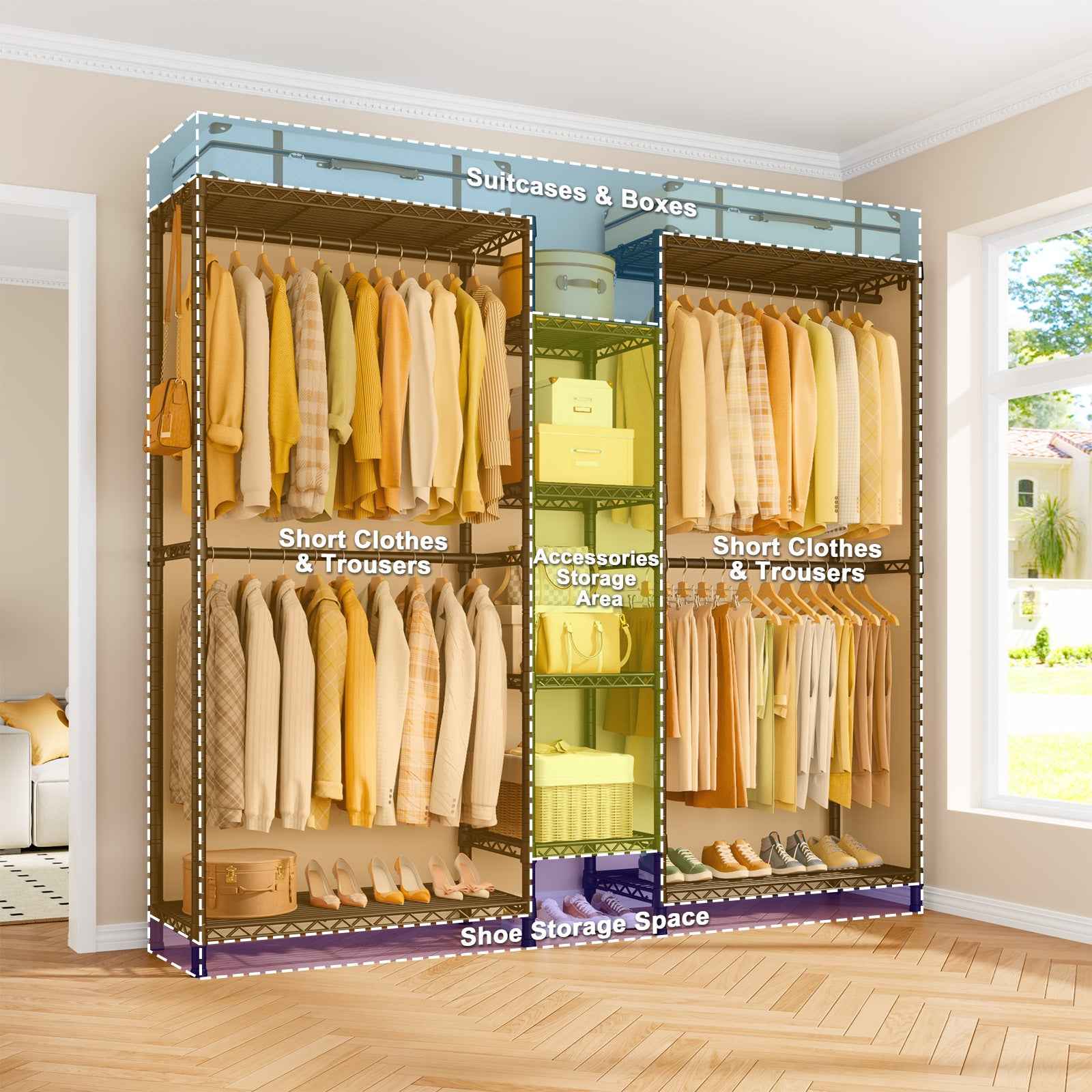 Ulif E4L Corner Clothes Rack, L Shaped Garment Rack, Heavy-Duty Freestanding Closet System with Shelves and Hangers, Max Load 962lbs, 42.7" W x 42.7" D x 79.3" H, Gold