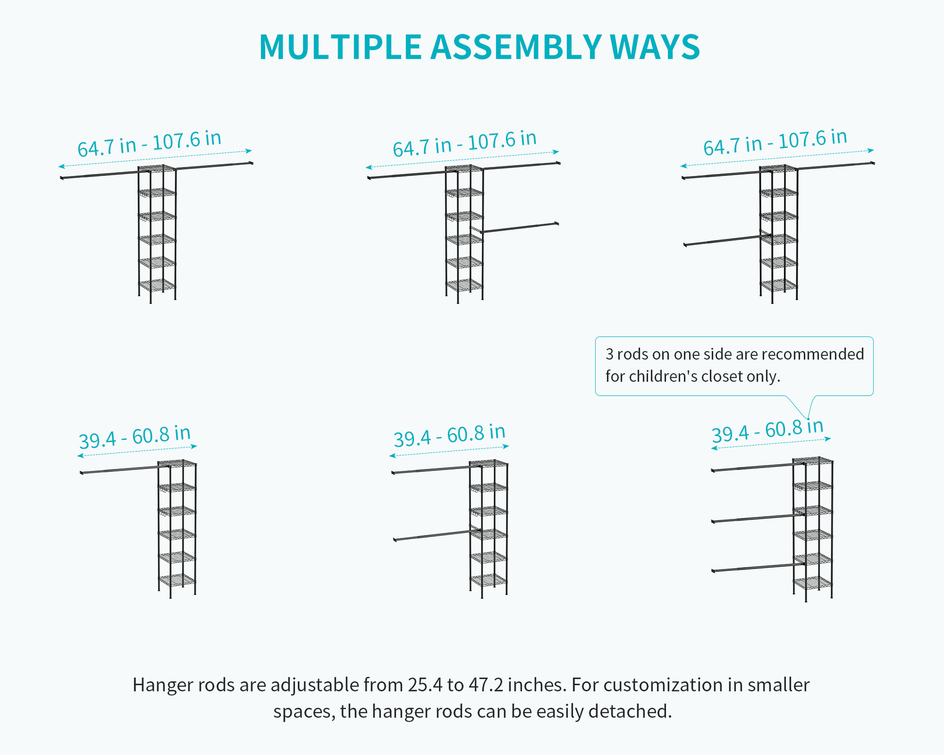 M1 Wall-Mounted Garment Rack (Black), 5.4-8.7ft Width, 700LBS Load & 3 Extendable Hanger Rods