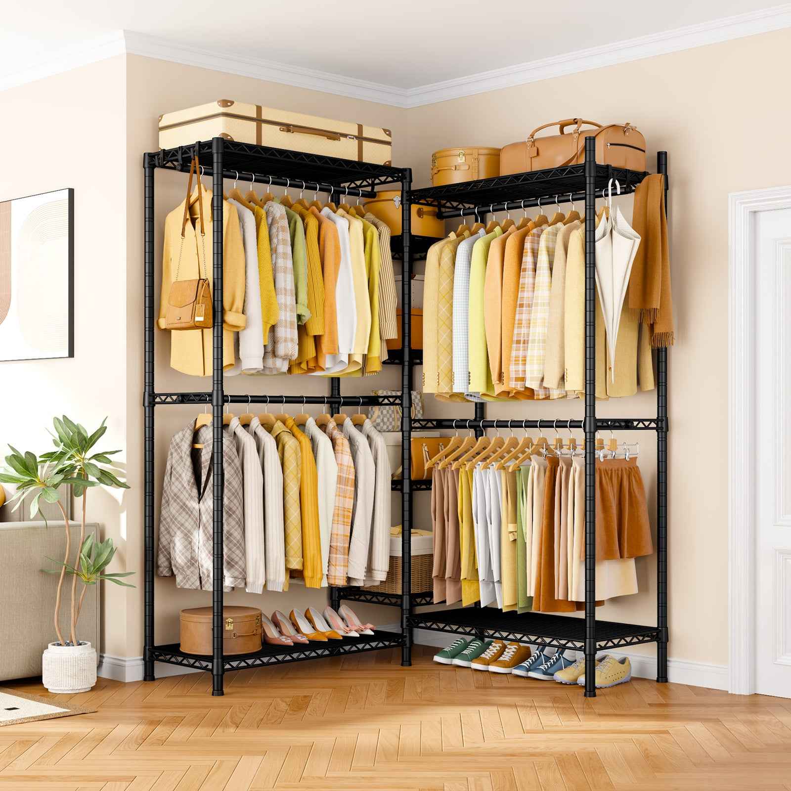 Ulif E4L Corner Clothes Rack, L Shaped Garment Rack, Heavy-Duty Freestanding Closet System with Shelves and Hangers, Max Load 962lbs, 42.7" W x 42.7" D x 79.3" H, Gold