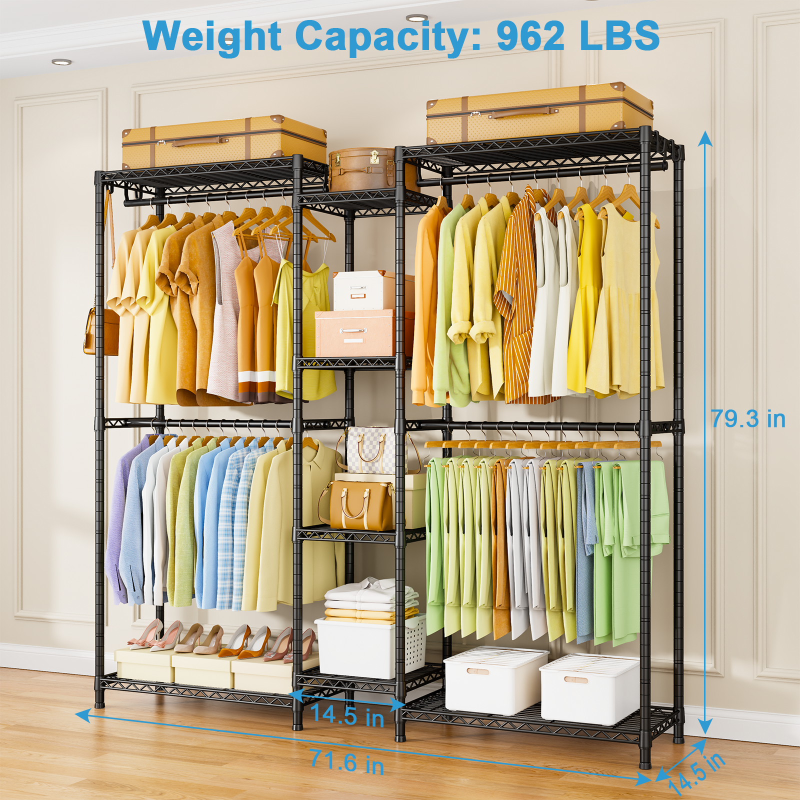 E4 71.6"W L-Shaped Triple Column Garment Rack (Black), 962LBS Load & 8-Tier Adjustable Shelves