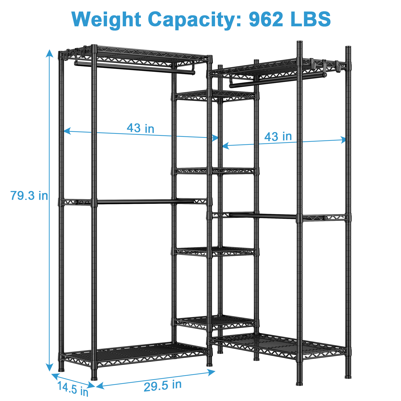 E4 71.6"W L-Shaped Triple Column Garment Rack (Black), 962LBS Load & 8-Tier Adjustable Shelves
